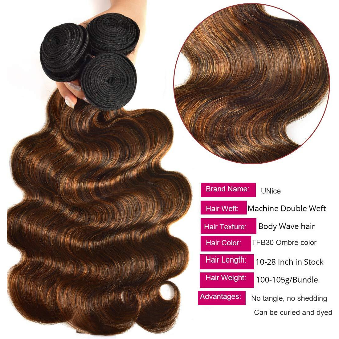 Unice Brown Highlight Body Wave Human Hair Weave 3 Bundles 24 26 28 Inch, Brazilian Remy Hair Ombre Blonde Human Hair Wavy Weaves Sew In Piano Color Tfb30