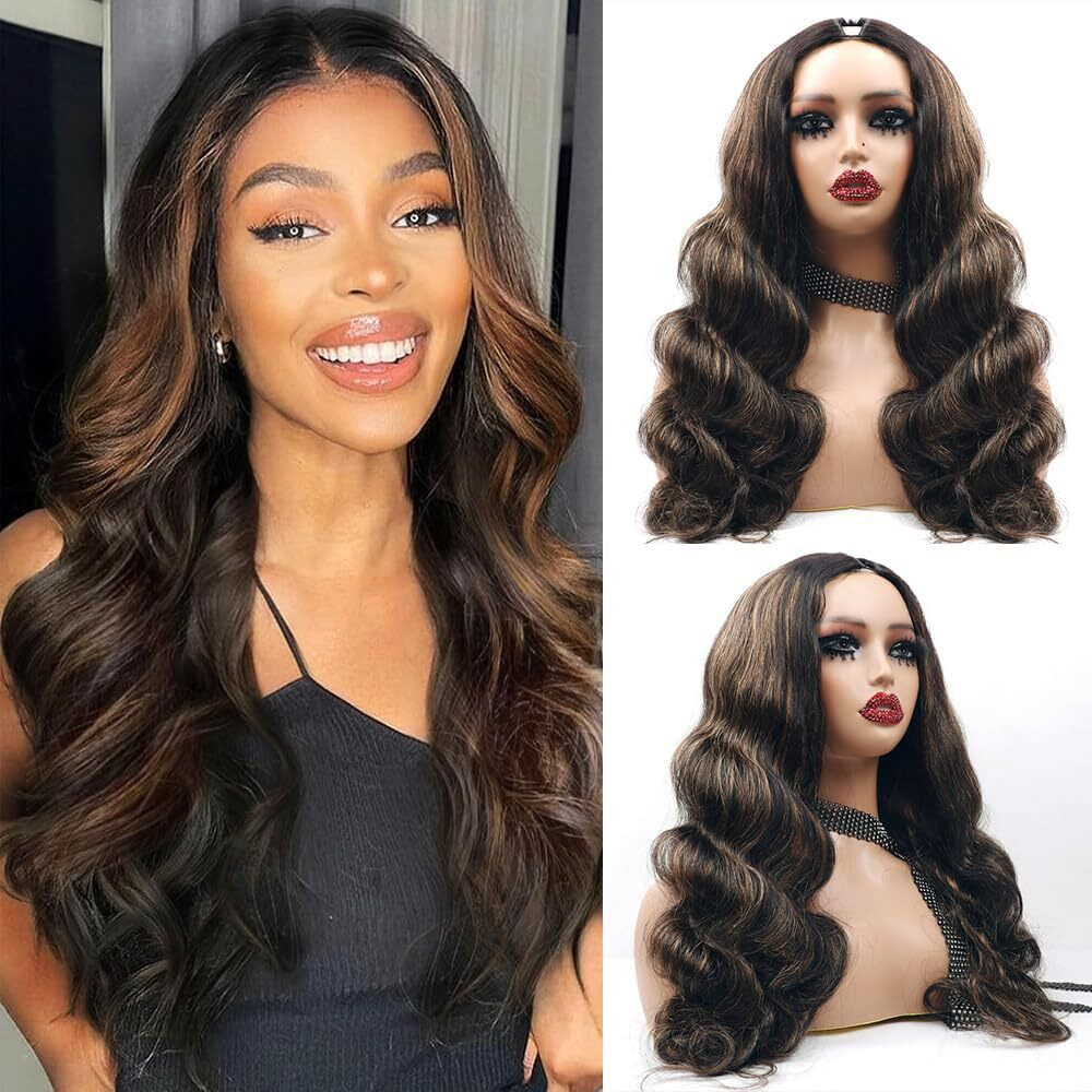 Xagujpo 22Inch Fb30 Body Wave V Part Wig Human Hair Beginner Friendly No Sew In Upgrade U Part Wig Human Hair Balayage Highlight Human Hair Wigs For Women Glueless Clip In Half Wig 180 Density