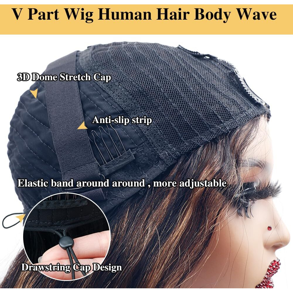 Xagujpo 22Inch Fb30 Body Wave V Part Wig Human Hair Beginner Friendly No Sew In Upgrade U Part Wig Human Hair Balayage Highlight Human Hair Wigs For Women Glueless Clip In Half Wig 180 Density