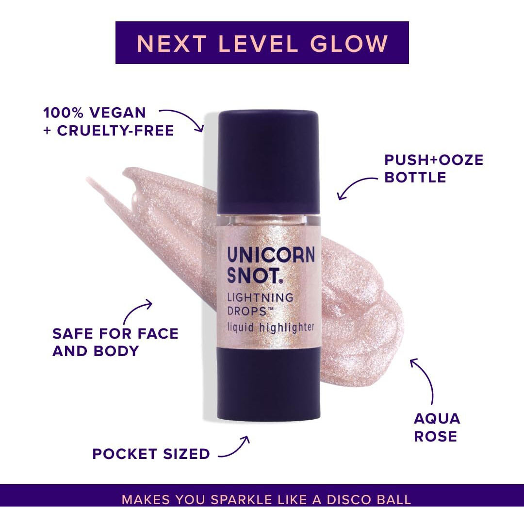 Unicorn Snot Liquid Highlighter Lightning Drops Buildable Highlighter Makeup For Face And Body - Collarbone, Cheekbones, Brows - Liquid Illuminator For Spotlights, Cruelty-Free (Aqua Rose/Nymph)