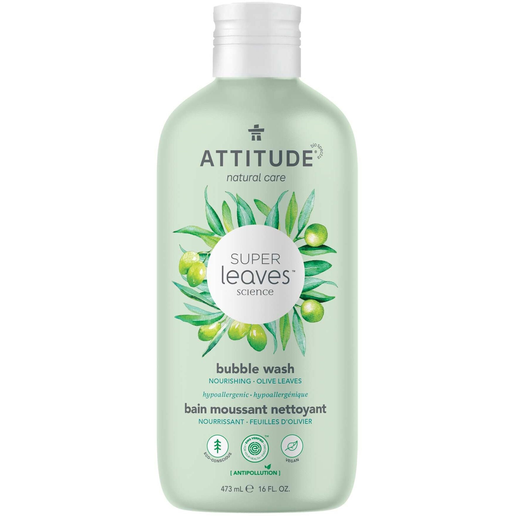 Attitude Bubble Bath, Ewg Verified, Plant And Mineral-Based, Dermatologically Tested, Vegan Body Care Products, Olive Leaves, 16 Fl Oz