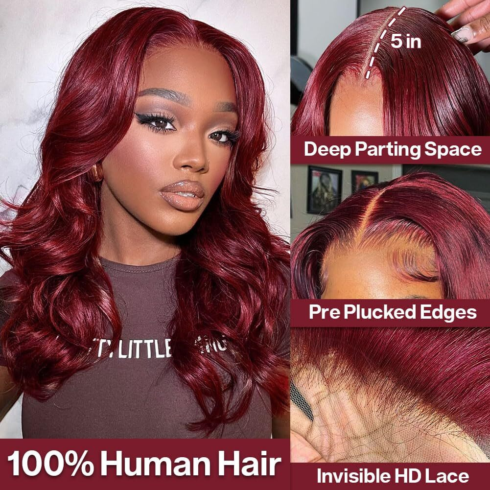 Omswet Burgundy Body Wave Closure Bob Wig Human Hair 5X5 Hd Lace Closure Human Hair Wigs For Black Women Pre Plucked Pre Bleached Human Hair Wig 200 Density Wear And Go Glueless Wig 18 Inch
