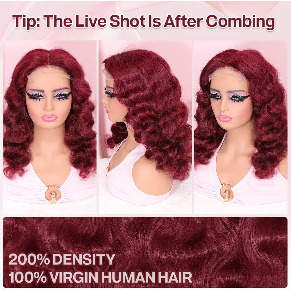 Omswet Burgundy Body Wave Closure Bob Wig Human Hair 5X5 Hd Lace Closure Human Hair Wigs For Black Women Pre Plucked Pre Bleached Human Hair Wig 200 Density Wear And Go Glueless Wig 18 Inch