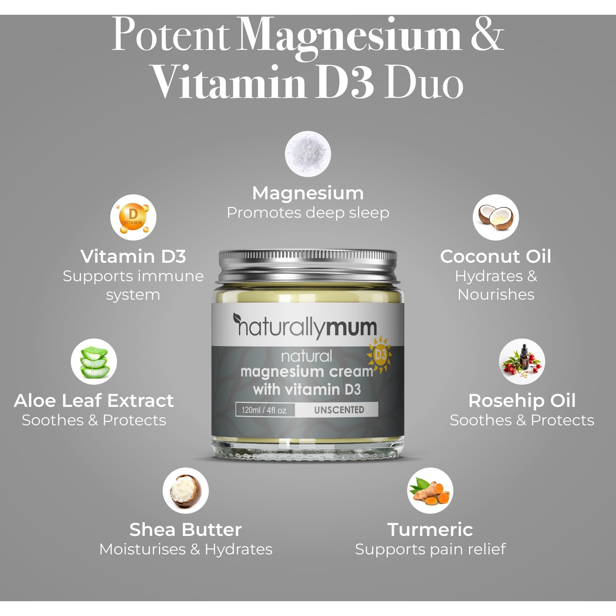 Naturallymum - Magnesium Cream With Vitamin D3 [4 Fl Oz] - Magnesium Calm Cream And Vitamin D Lotion - Magnesium D3 Cream - Calming Cream Magnesium And Vitamin D - Turmeric & Arnica Cream - Unscented