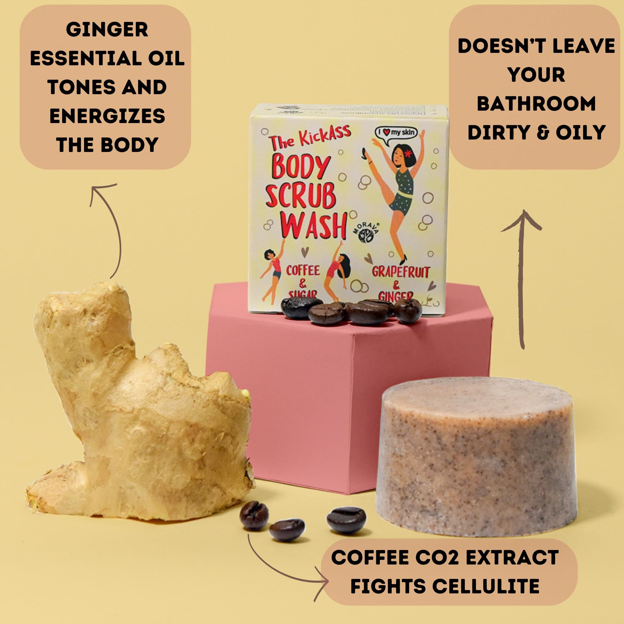 Morava Exfoliating Body Scrub Bar - Natural Coffee & Sugar Body Scrub For Smooth, Nourished & Glowing Skin, Vegan, Cruelty Free Sugar Scrub For Body(Grapefruit And Ginger, 3.17 Oz)