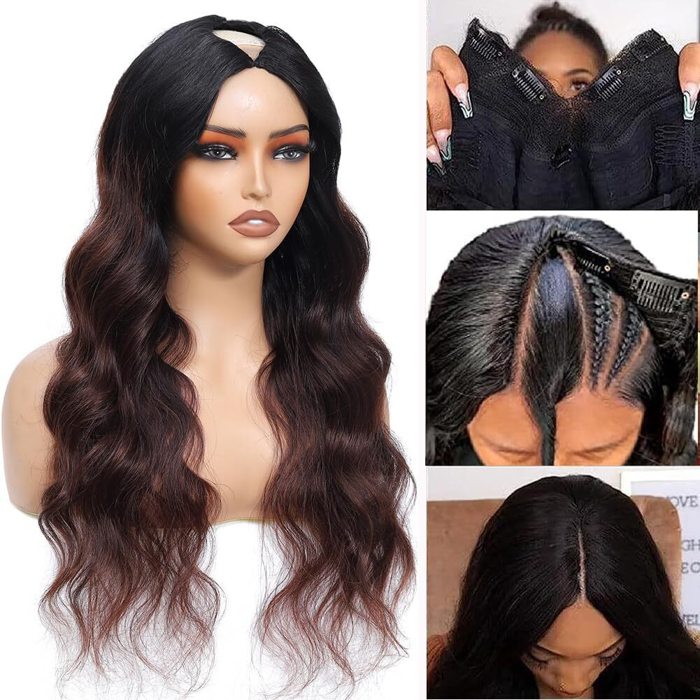 Ombre V Part Wig Human Hair Body Wave Brown Wig Upgrade U Part Human Hair Wig With Clips Glueless Wigs Human Hair Clip In Half Wigs No Leave Out Highlight Wig Human Hair 180% Density 24 Inch