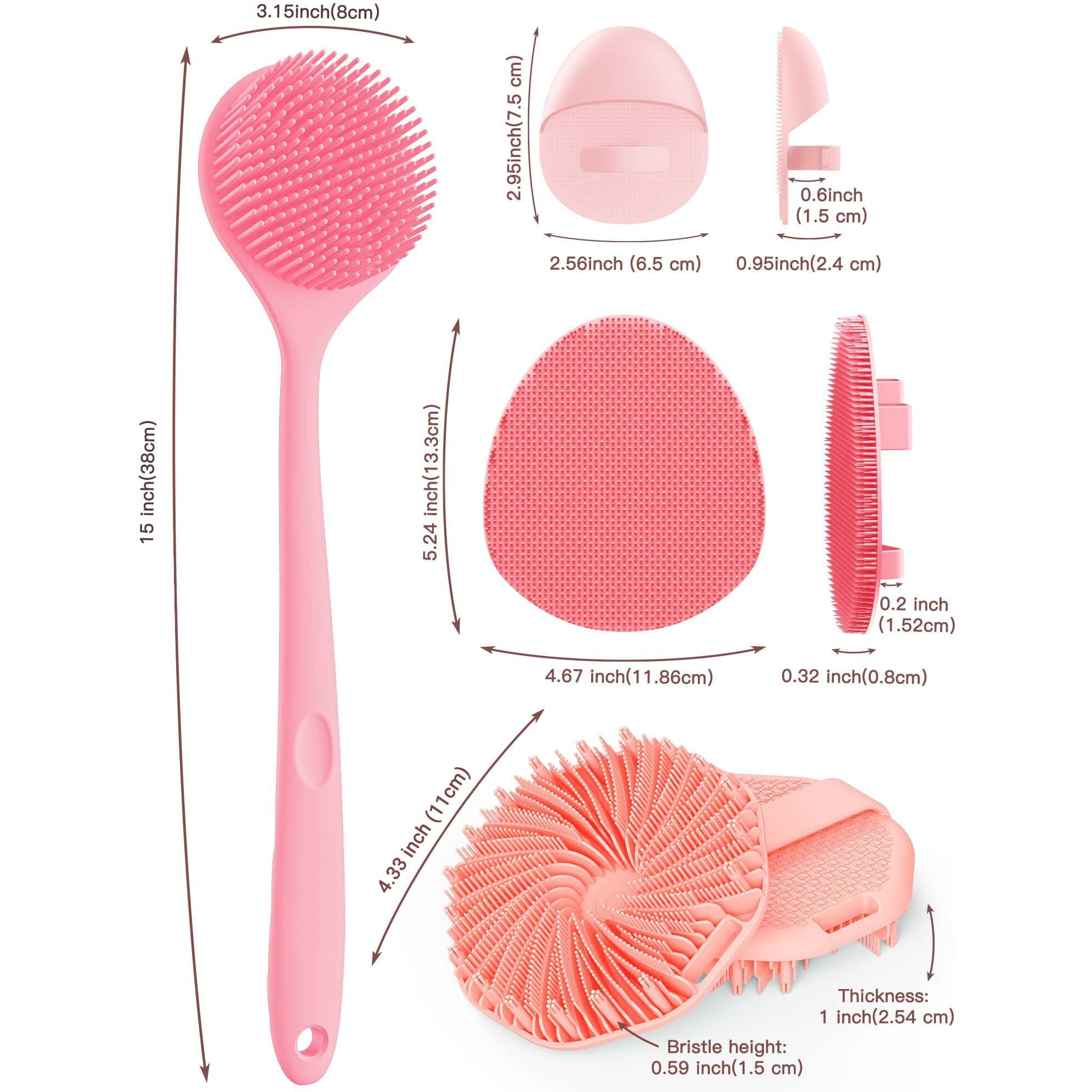 Manmihealth Silicone Back Scrubber & Soft Bath Glove Set 4 Pcs(Thin Bristles), Super-Exfoliating Body Scrubber & Super-Lathering Shower Face Brush Combination, With 2 Free Hooks (Pink)