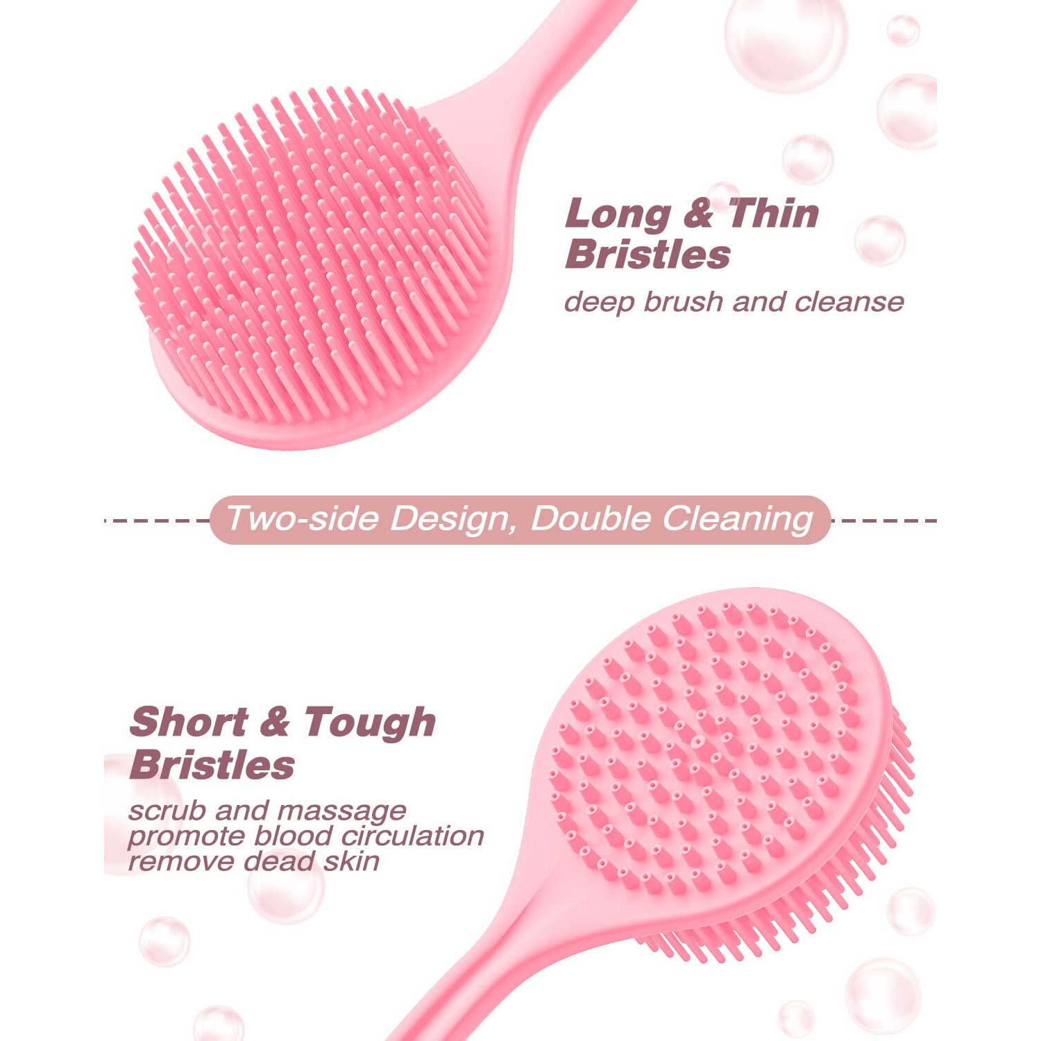 Manmihealth Silicone Back Scrubber & Soft Bath Glove Set 4 Pcs(Thin Bristles), Super-Exfoliating Body Scrubber & Super-Lathering Shower Face Brush Combination, With 2 Free Hooks (Pink)