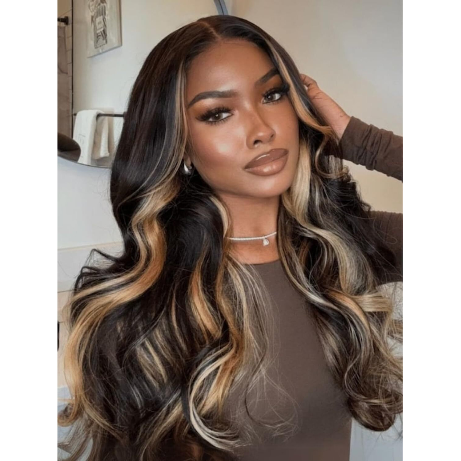 Nadula Bye Bye Knots Glueless Butterscotch Highlight Body Wave 7X5 Pre Cut Lace Front Wigs Human Hair Pre Plucked Bleached Knots Ready To Wear With Face-Framing Brown Highlights 150% Density 18Inch