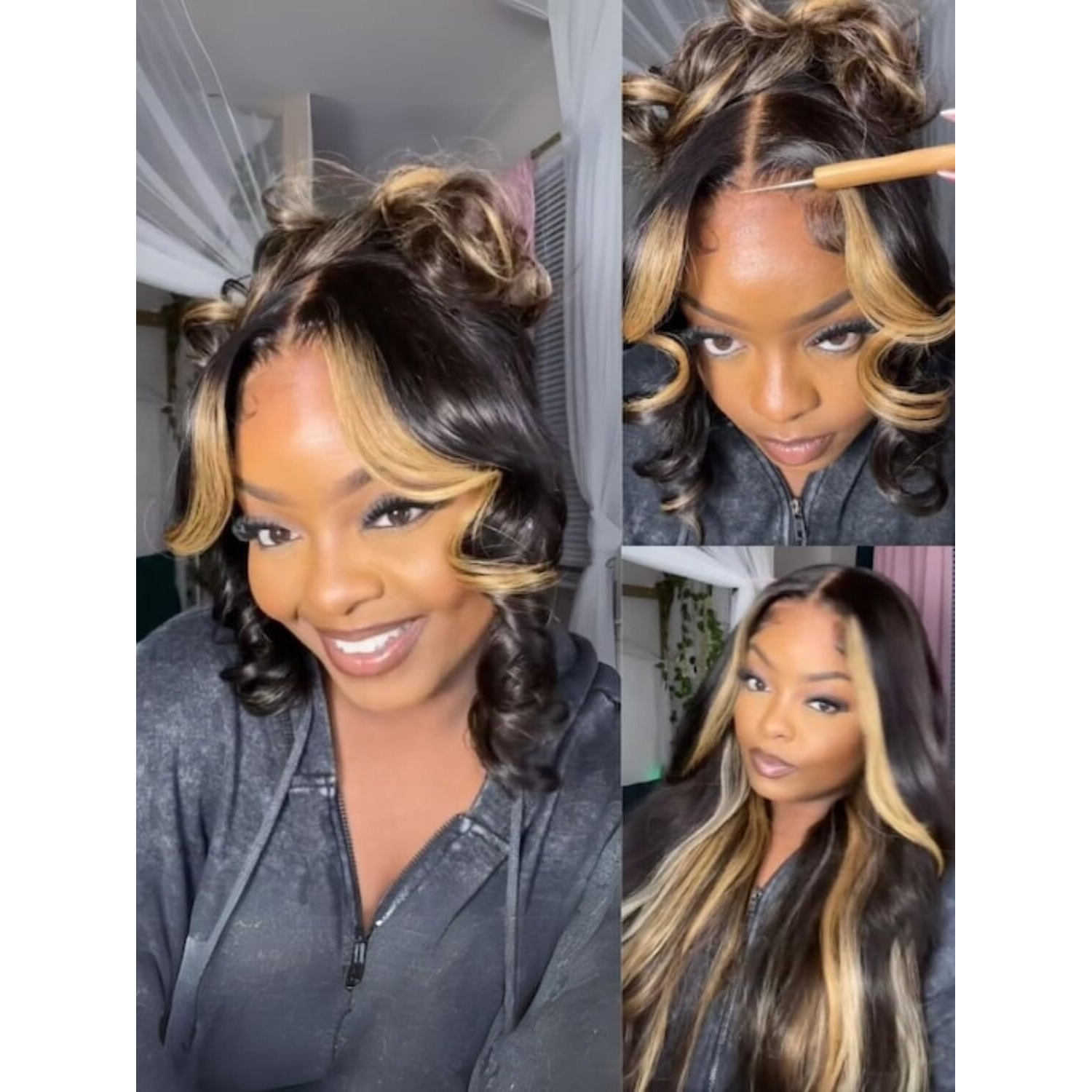 Nadula Bye Bye Knots Glueless Butterscotch Highlight Body Wave 7X5 Pre Cut Lace Front Wigs Human Hair Pre Plucked Bleached Knots Ready To Wear With Face-Framing Brown Highlights 150% Density 18Inch
