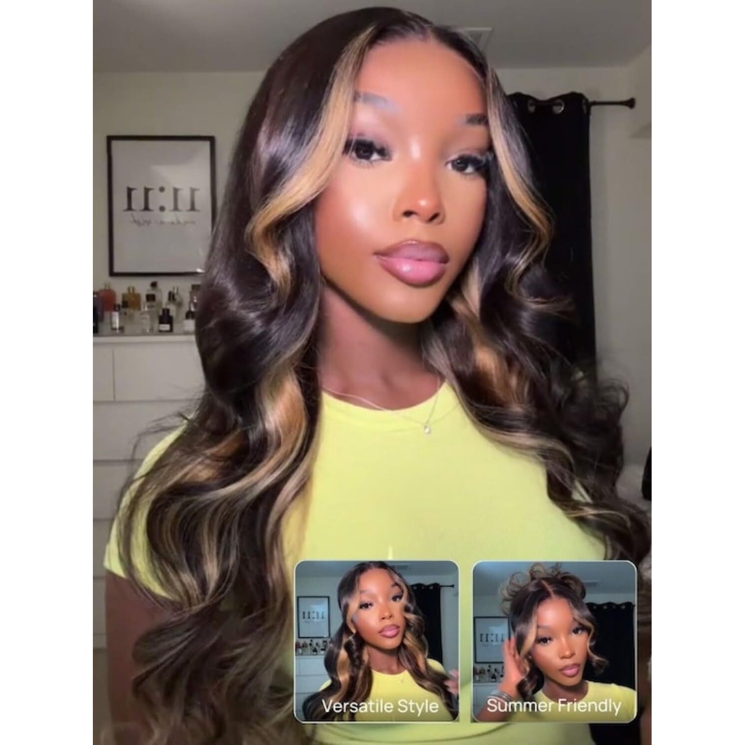 Nadula Bye Bye Knots Glueless Butterscotch Highlight Body Wave 7X5 Pre Cut Lace Front Wigs Human Hair Pre Plucked Bleached Knots Ready To Wear With Face-Framing Brown Highlights 150% Density 18Inch