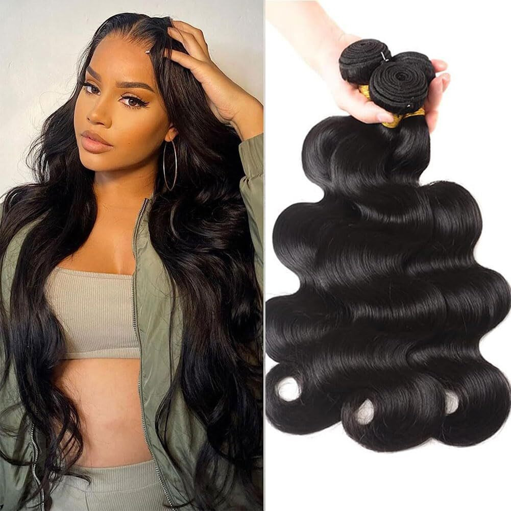 Aomllute 12A Body Wave Human Hair Bundles 24 26 28 Inch 3 Bundles Human Hair Body Wave Bundles 100% Unprocessed Raw Brazilian Virgin Weave Bundles Human Hair Natural Black Color