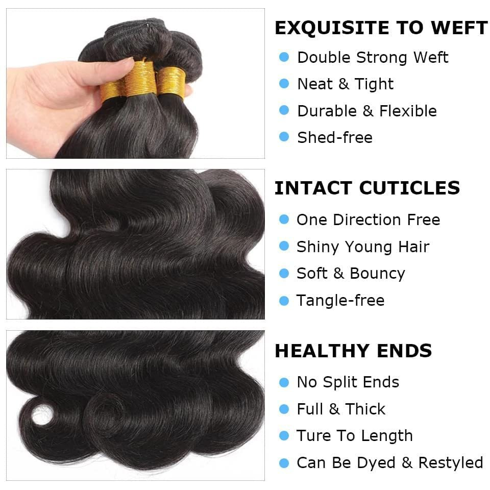 Aomllute 12A Body Wave Human Hair Bundles 24 26 28 Inch 3 Bundles Human Hair Body Wave Bundles 100% Unprocessed Raw Brazilian Virgin Weave Bundles Human Hair Natural Black Color