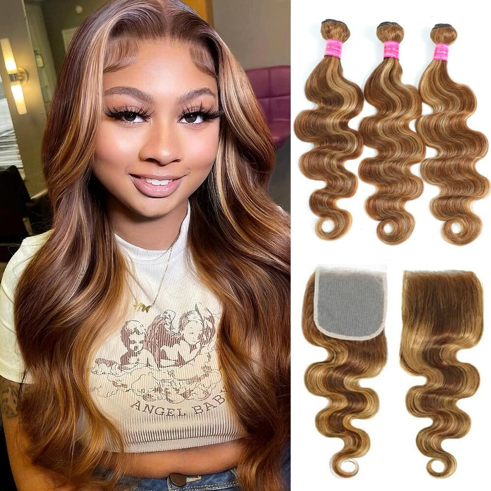 Ombre Highlight Human Hair Body Wave Bundles With 5X5 Closure 100% Unprocessed Brazilian Virgin Honey Blonde Human Hair 3 Bundles With Free Part Lace Closure