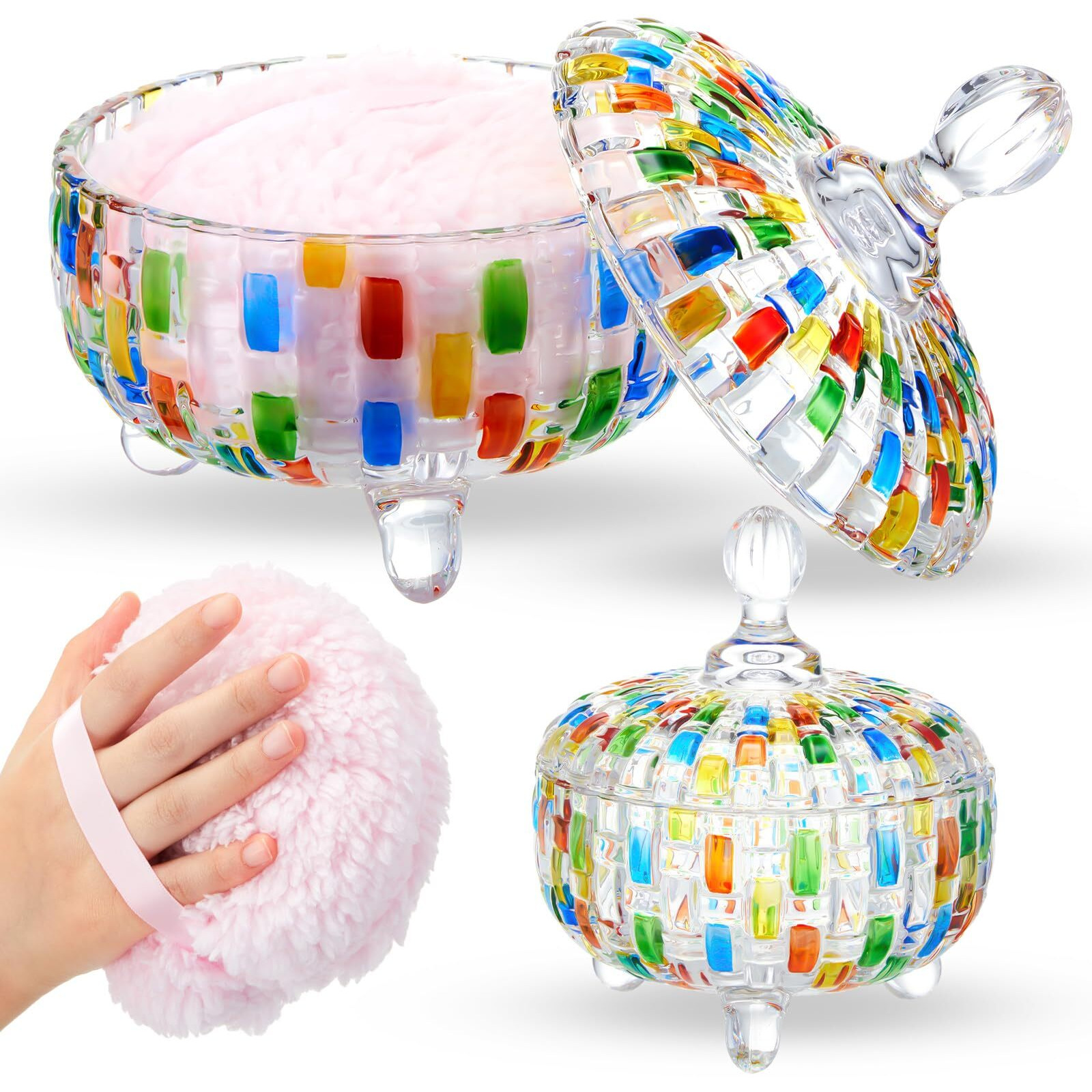 Tioncy 2 Pcs Extra Large Dusting Powder Puff And Container Body Powder Puff And Container For Women Powder Container With 6'' Puff Powder Puff Crystal Container Soft Washable Reusable Velour Face