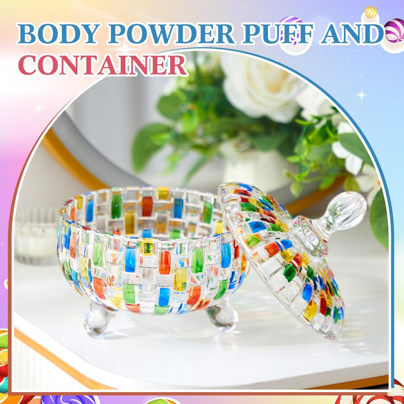 Tioncy 2 Pcs Extra Large Dusting Powder Puff And Container Body Powder Puff And Container For Women Powder Container With 6'' Puff Powder Puff Crystal Container Soft Washable Reusable Velour Face