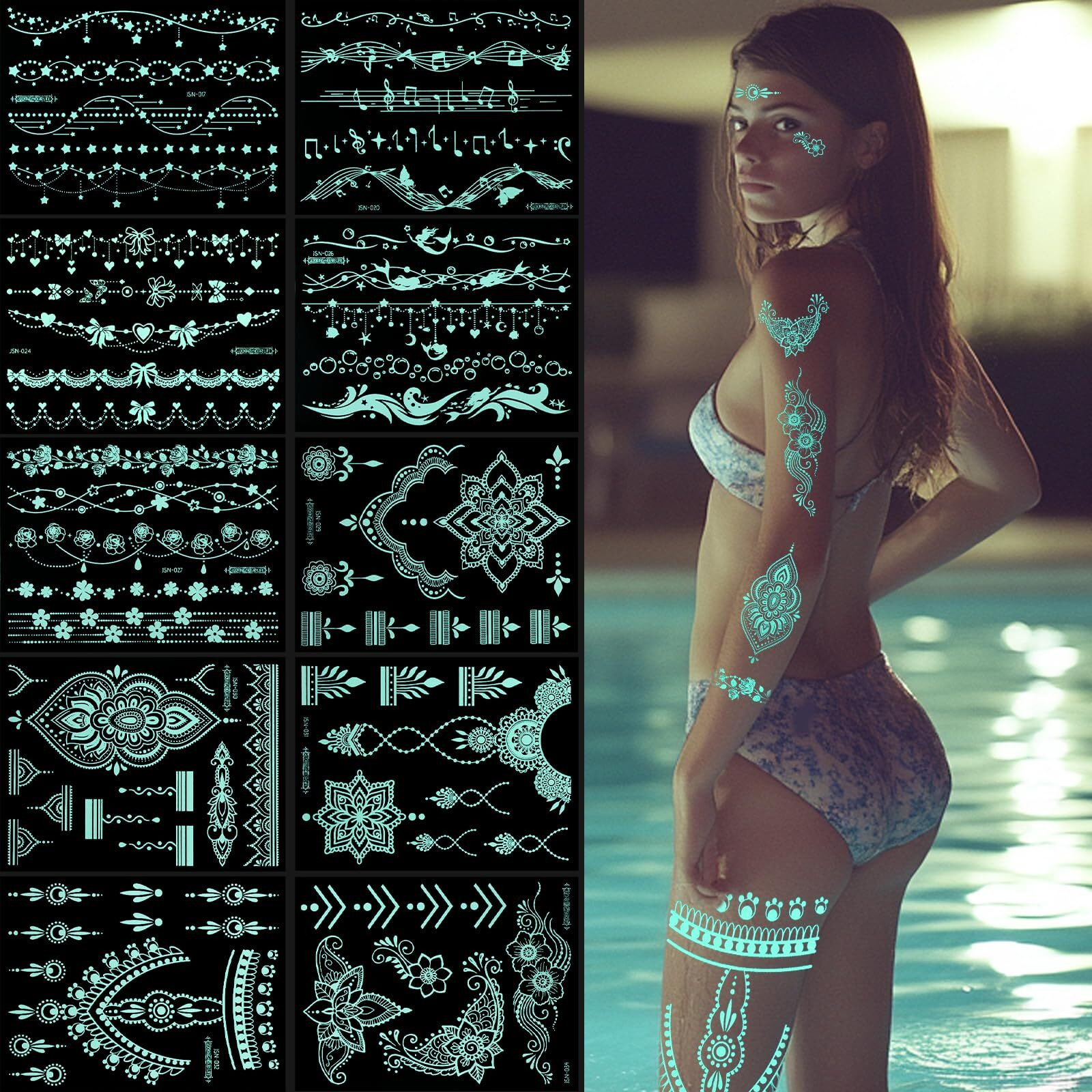 10 Sheets Blue Glow Temporary Tattoos Glow In The Dark Tattoo Kit Neck Clavicle Body Art Makeup In The Dark For Women Adults Arm Hands And Rave Festival Accessories