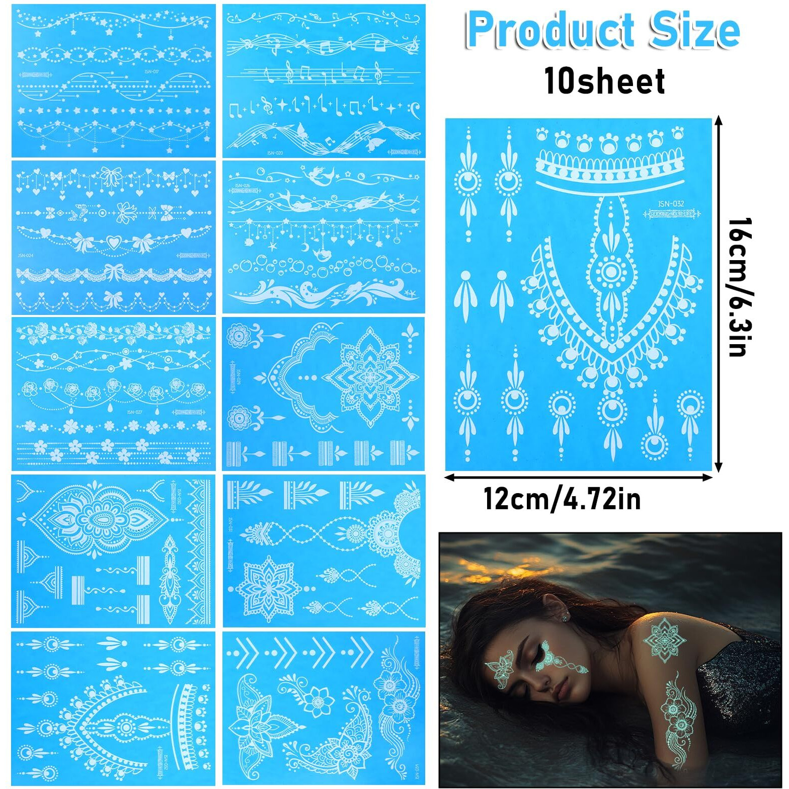 10 Sheets Blue Glow Temporary Tattoos Glow In The Dark Tattoo Kit Neck Clavicle Body Art Makeup In The Dark For Women Adults Arm Hands And Rave Festival Accessories
