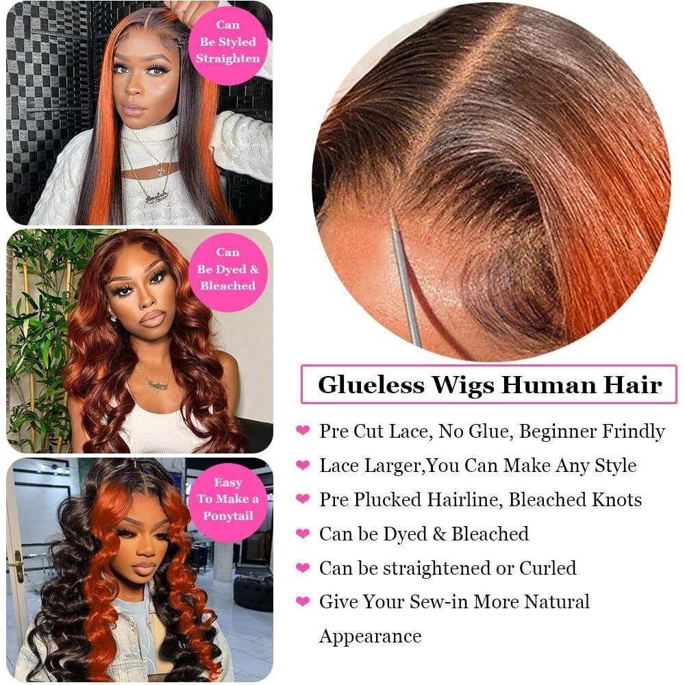 200% Density Wear And Go 9X6 Glueless Wigs Human Hair Pre Plucked Pre Cut For Beginners Ginger Body Wave Lace Front Wigs Human Hair For Black Women Hd Lace Closure Colored Glueless Wig(26 Inch)
