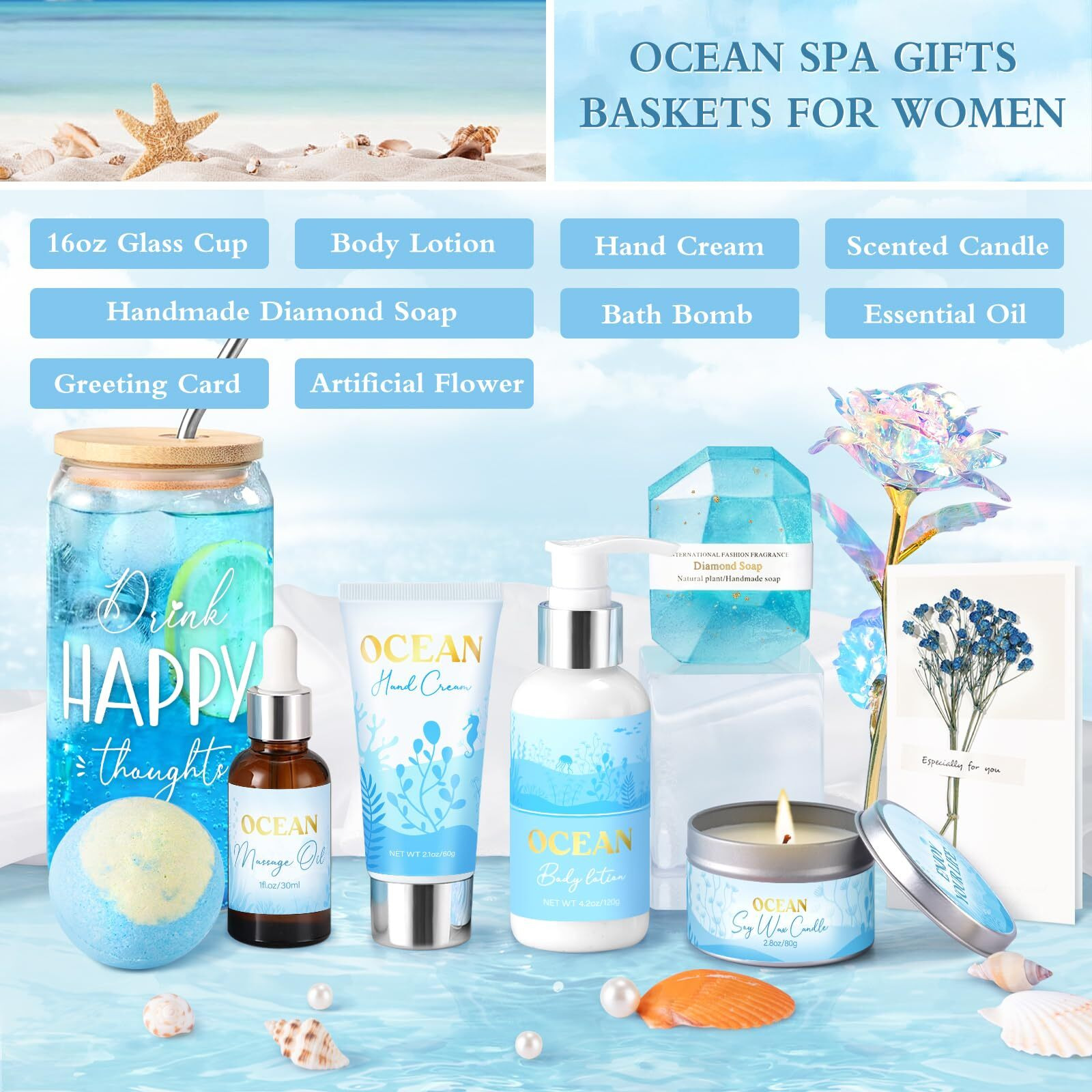 Birthday Gifts For Women, Relaxing Spa Gift Baskets For Women, Ocean Scented Self Care Gifts, Mothers Day Bath And Body Inspirational Gift Set For Mom Her Wife Best Friends Sister Girlfriend Coworker
