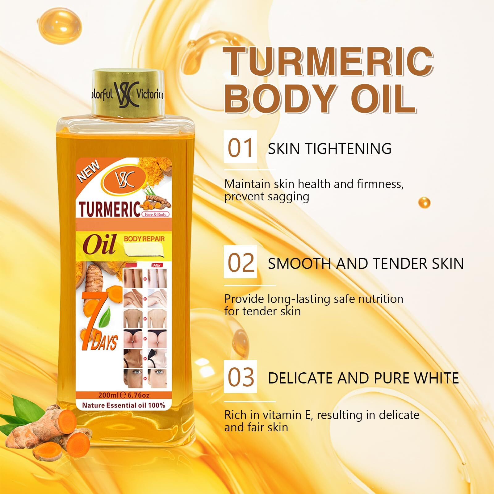 Soft 7 Turmeric Oil For Skin - Natural Moisturizing Firming Oil Soft 7 Turmeric Body Oil, Hydrating Dry Skin, With Vitamin E & Ginger Extract, Lightweight & Fast-Absorbing, All Skin Types (200 Ml)
