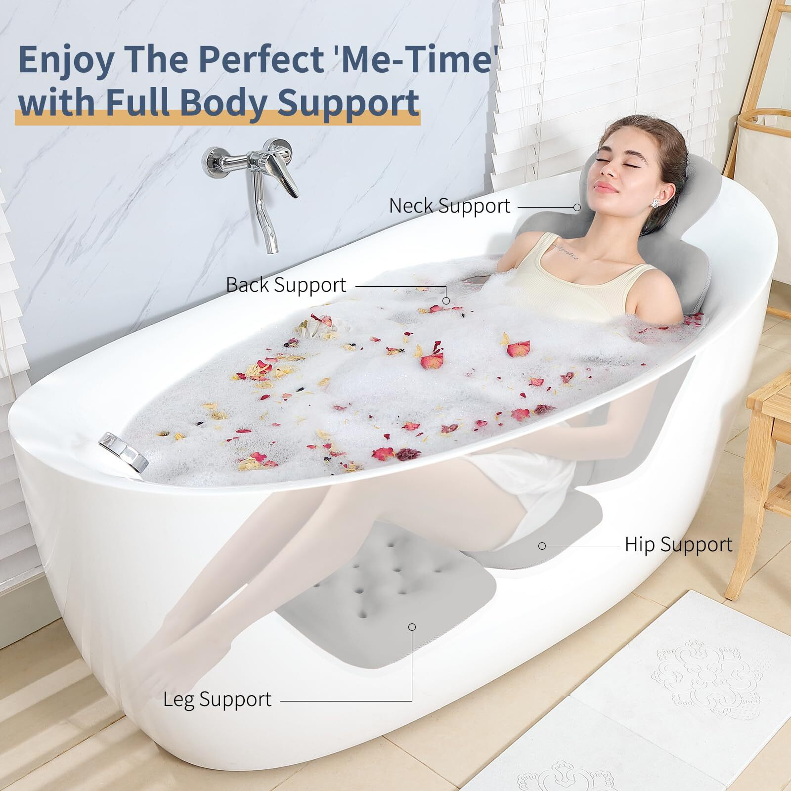 Bath Cushion, Full Body Bathtub Pillow With 160 Suction Cups, Bath Mat For Head And Neck Support, With Laundry Bag (Dark Gray, 56.2"" X 16.2"")