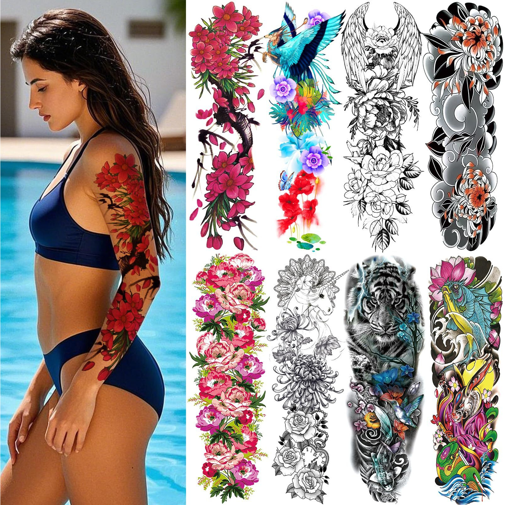 8 Sheets Full Arm Temporary Tattoos For Adults, Waterproof Realistic Flower Bird Feather Fake Sleeve Tattoos For Women And Men, Tiger Fish Tattoo Set Hand Body Art For Party Celebration Cosplay
