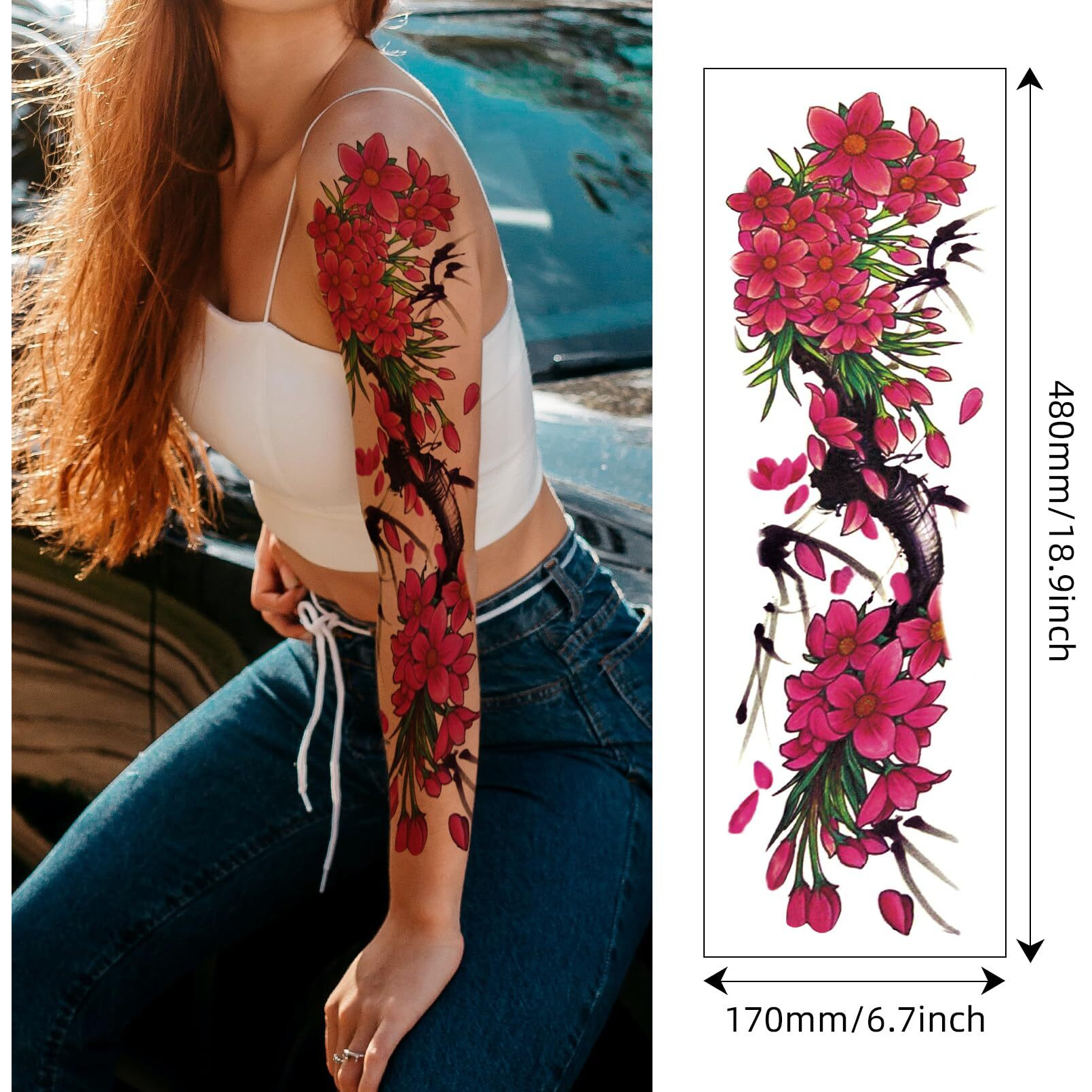 8 Sheets Full Arm Temporary Tattoos For Adults, Waterproof Realistic Flower Bird Feather Fake Sleeve Tattoos For Women And Men, Tiger Fish Tattoo Set Hand Body Art For Party Celebration Cosplay