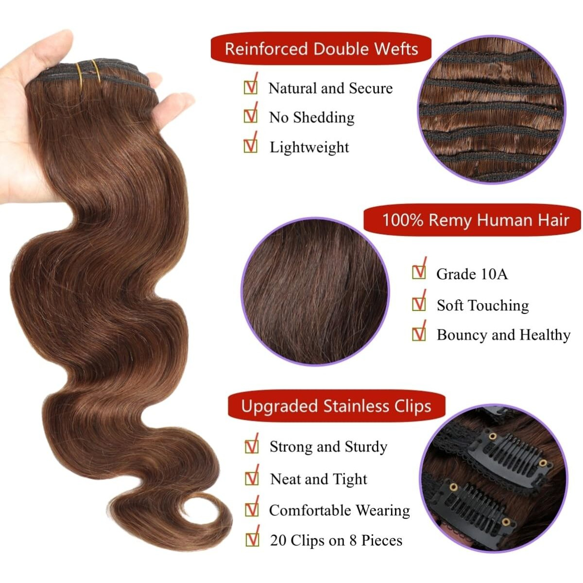 Lumiere Clip In Hair Extensions 120G Medium Brown Body Wave Clip In Extensions Human Hair For Black Women Seamless Clip Ins 8Pcs 20 Clips Double Wefts 4 18 Inch