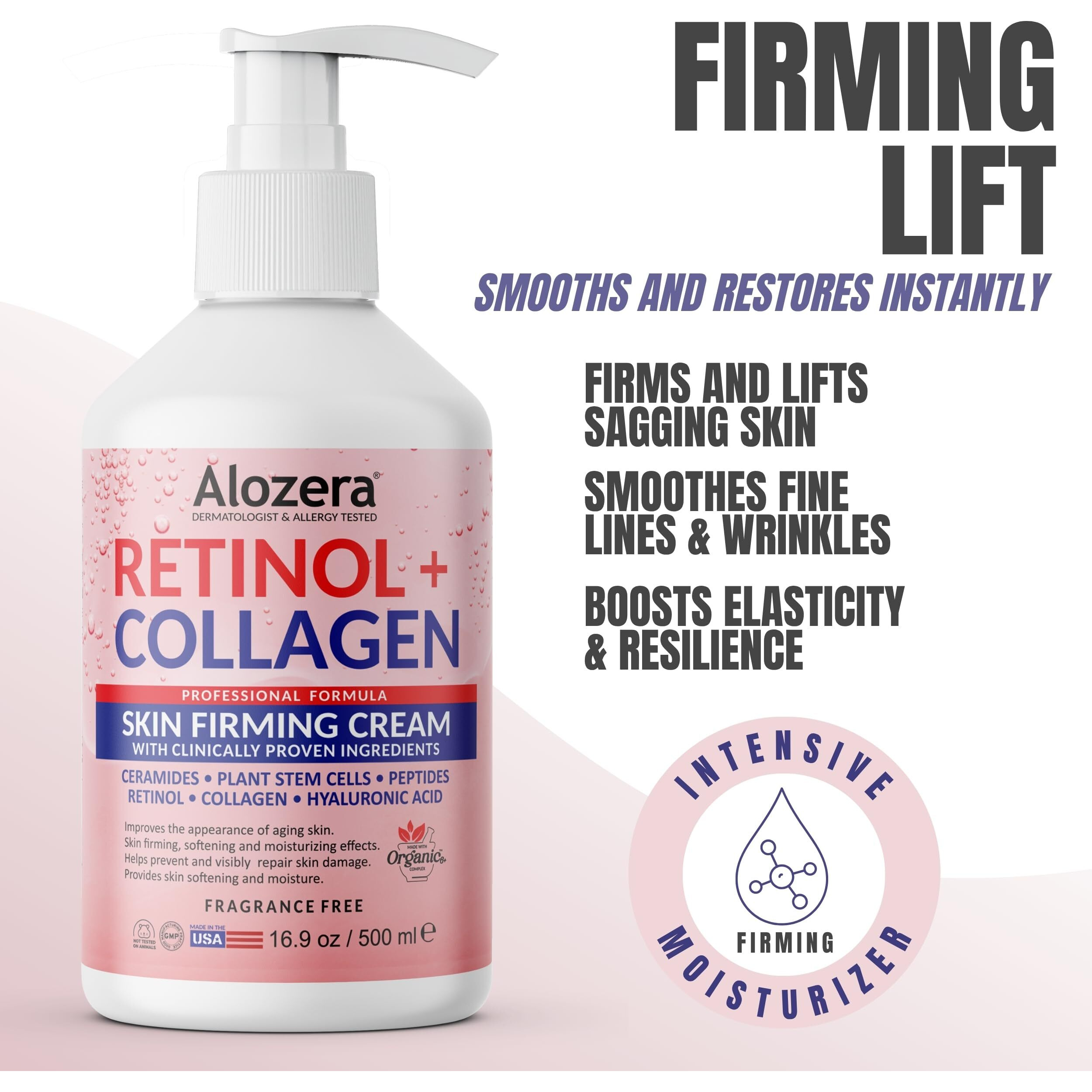 Alozera Skin Firming Retinol Collagen Body Lotion With Stem Cells For Aging Skin And Wrinkles, Non-Greasy, Lightweight Moisturizer, Fragrance-Free, 16.9 Fl Oz