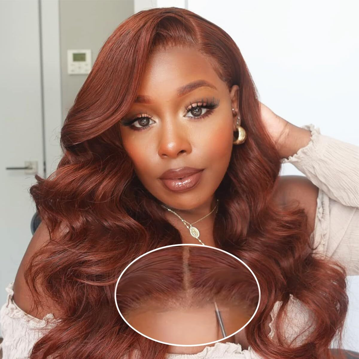 Daveila Reddish Brown Body Wave Glueless Wig Human Hair Pre Plucked Pre Cut Glueless Lace Front Wig Ready To Wear 6X4 Body Wave 180% Density Closure Wig Human Hair Natural Hairline 34 Inch