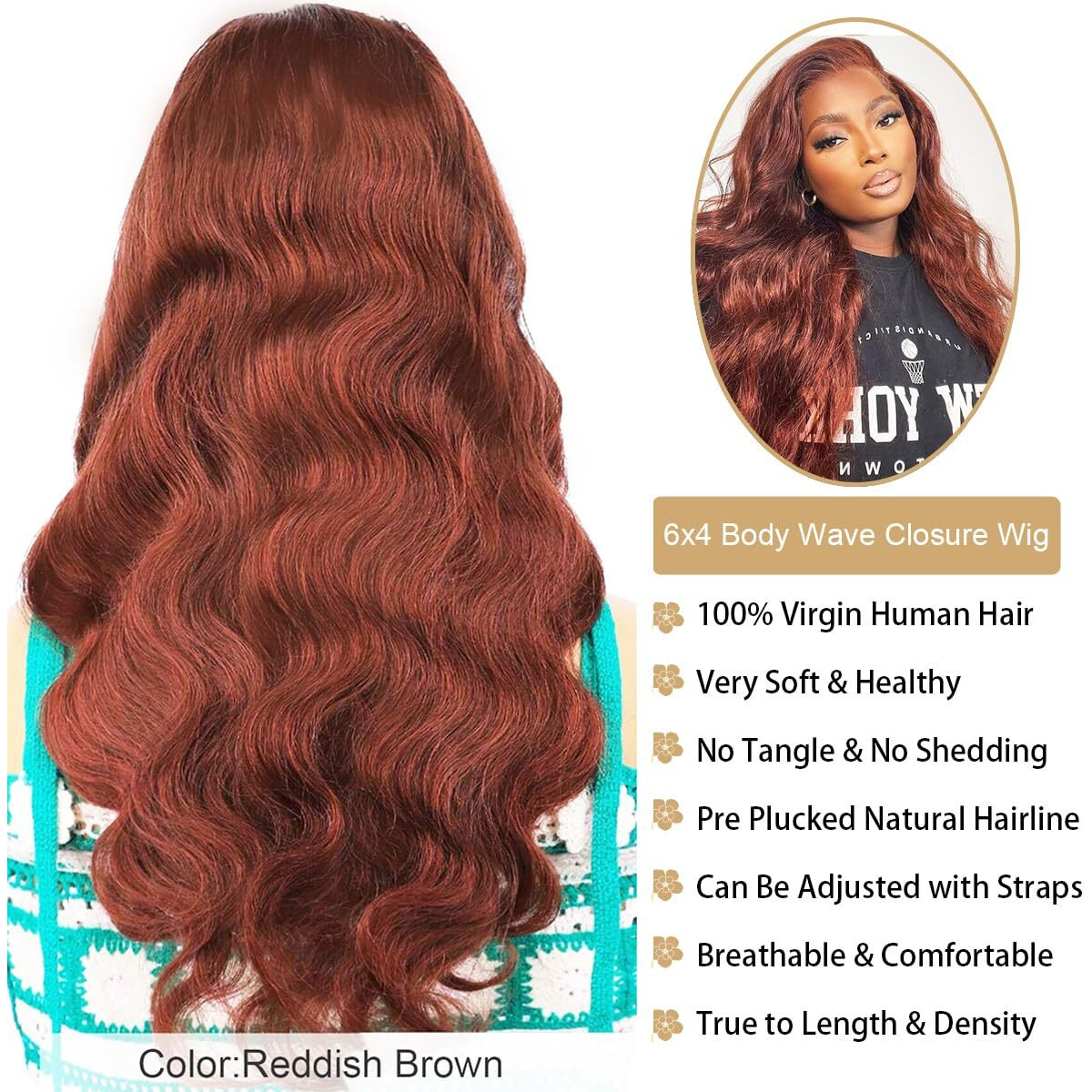 Daveila Reddish Brown Body Wave Glueless Wig Human Hair Pre Plucked Pre Cut Glueless Lace Front Wig Ready To Wear 6X4 Body Wave 180% Density Closure Wig Human Hair Natural Hairline 34 Inch