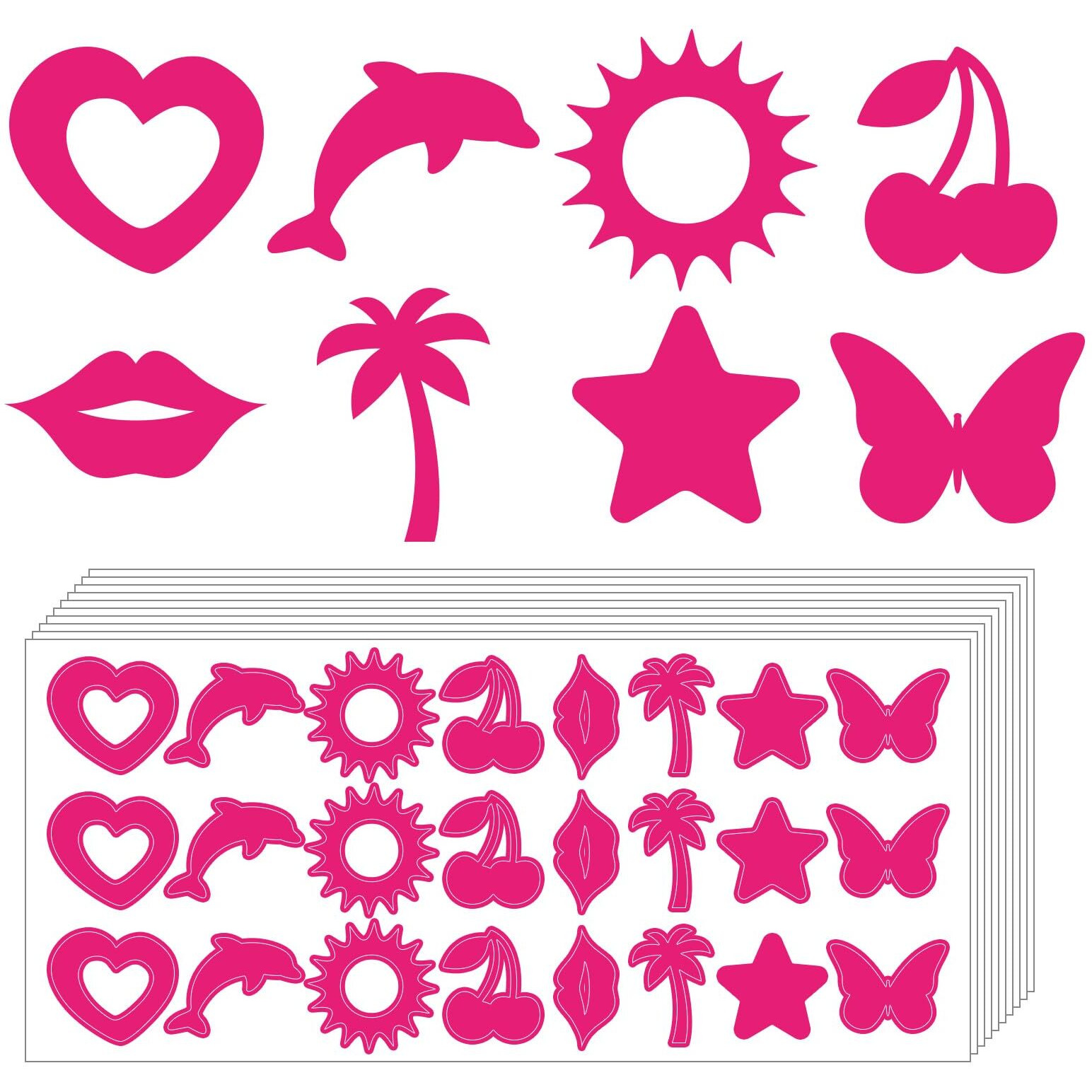 Whaline 240Pcs Tanning Sunbathing Stickers Heart Dolphin Sun Cherry Lip Tree Star Butterfly Tanning Decals Hot Pink Self Adhesive Body Stickers For Summer Beach Outdoor Indoor Salon Party Supplies