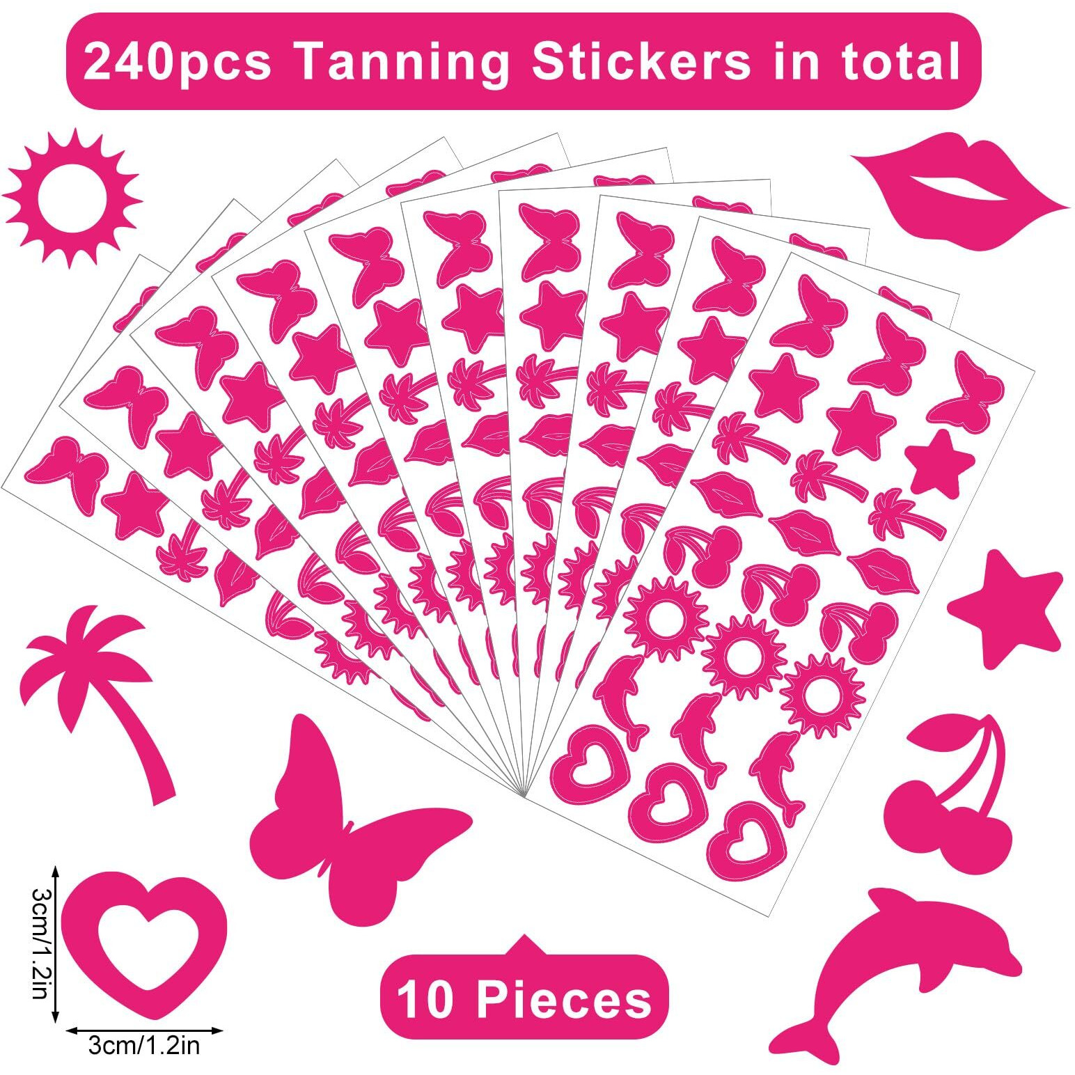 Whaline 240Pcs Tanning Sunbathing Stickers Heart Dolphin Sun Cherry Lip Tree Star Butterfly Tanning Decals Hot Pink Self Adhesive Body Stickers For Summer Beach Outdoor Indoor Salon Party Supplies