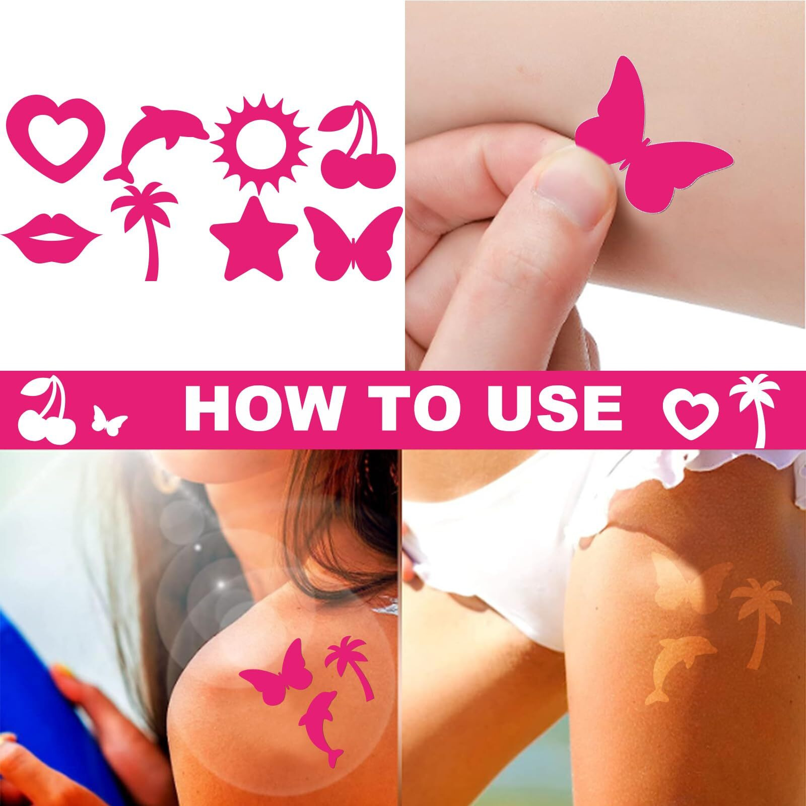 Whaline 240Pcs Tanning Sunbathing Stickers Heart Dolphin Sun Cherry Lip Tree Star Butterfly Tanning Decals Hot Pink Self Adhesive Body Stickers For Summer Beach Outdoor Indoor Salon Party Supplies