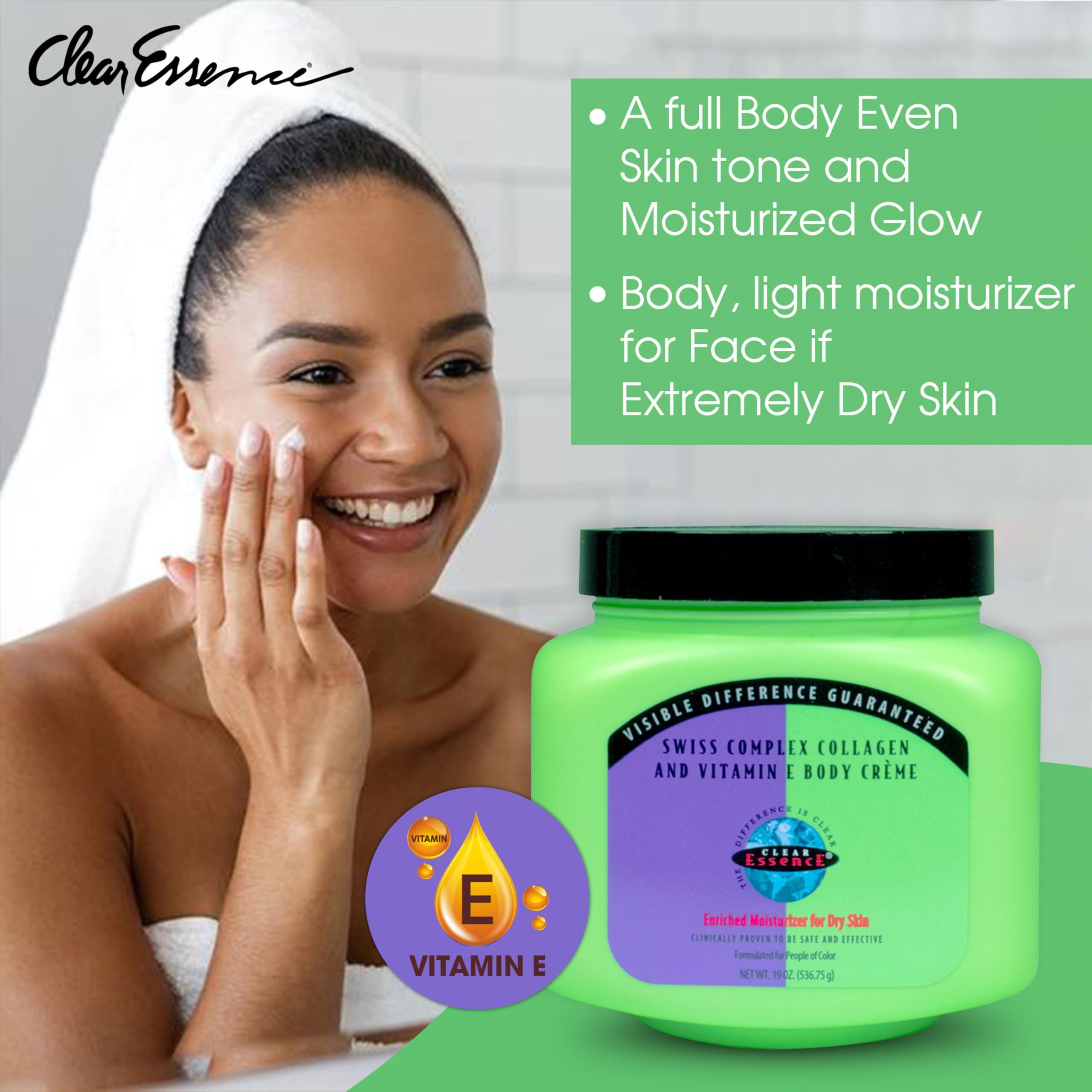 Clear Essence Sensitive Swiss Collagen Vitamin E Creme For Dry Skin - Collagen Moisturizer Face Cream & Body Cream For Uneven Patches & Dull Complexions - Dermatologist Tested Collagen Cream - 19 Oz