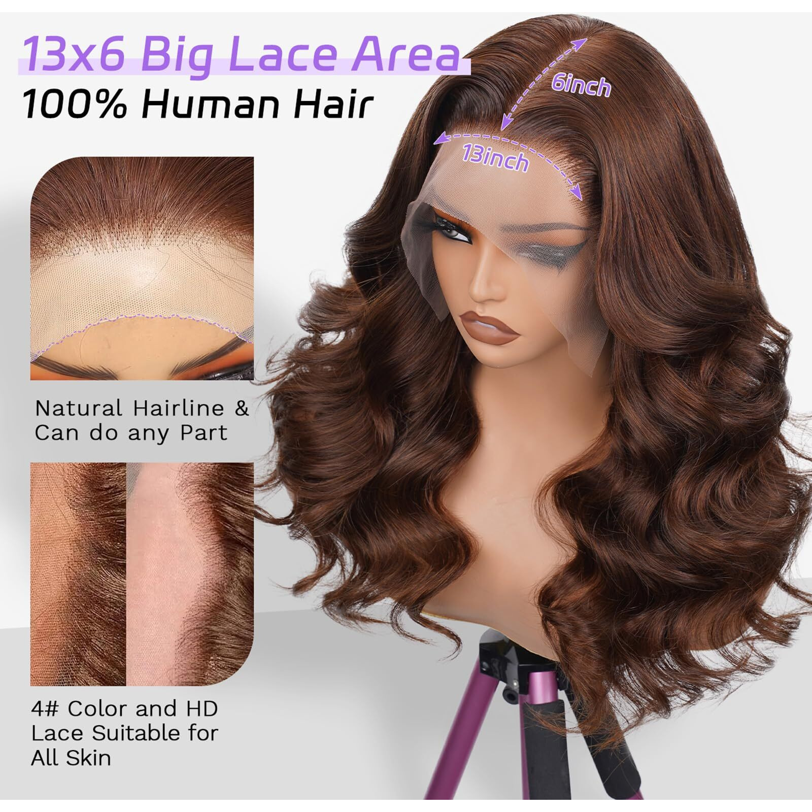 Cumase 250 Density Body Wave Chocolate Brown Wig 13X6 Lace Front Wigs Human Hair 16 Inch, 100% Real Human Hair No Synthetic Blend No Tangle No Shedding Triple Lifespan 3X