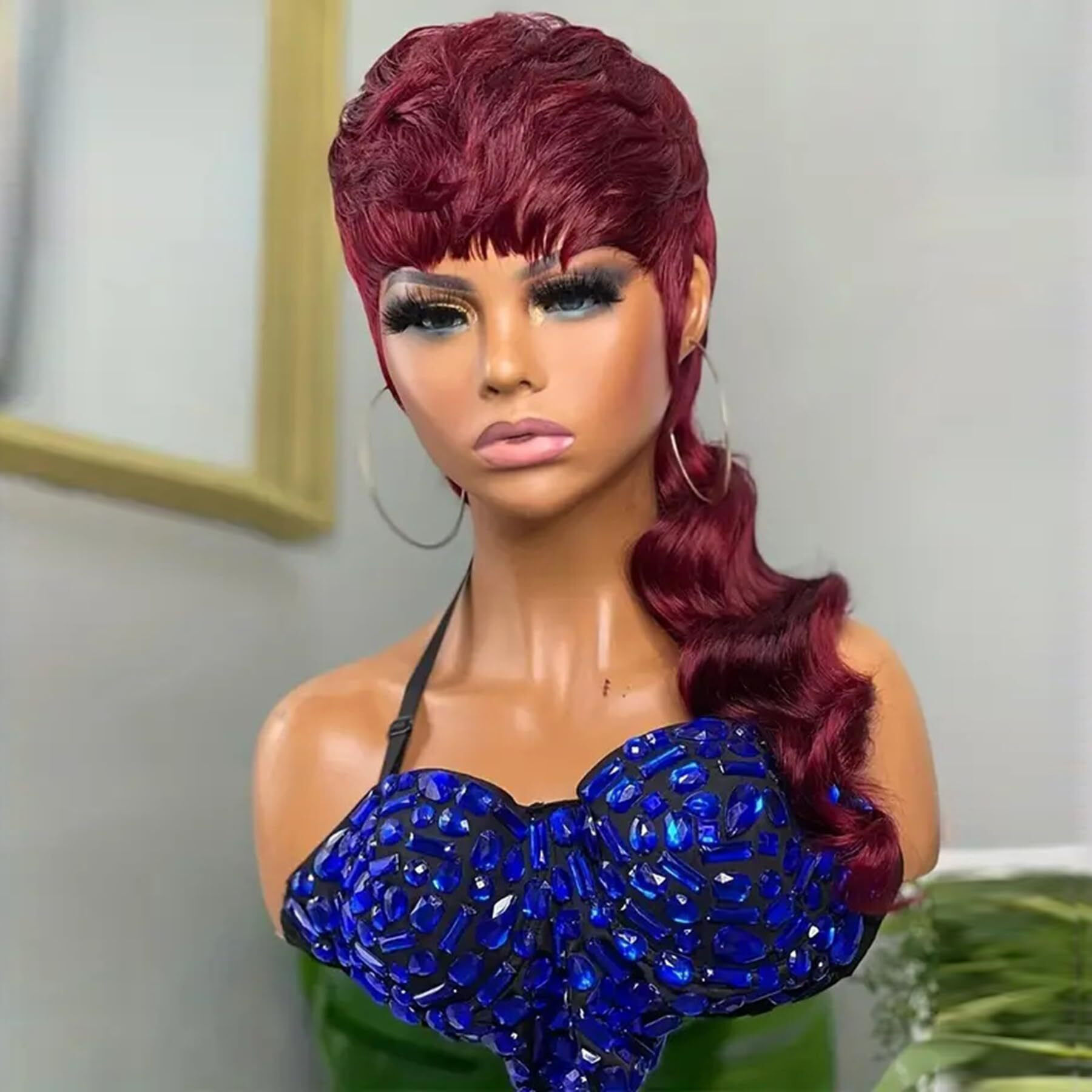 Purplesexy Mullet Wigs For Black Women Human Hair 18Inch Body Wave 99J Burgandy Mullet Pixie Cut Wig With Bangs Brazilian Virgin Remy Human Hair Wigs Layered Haircut Long Wave Glueless Wigs (99J)