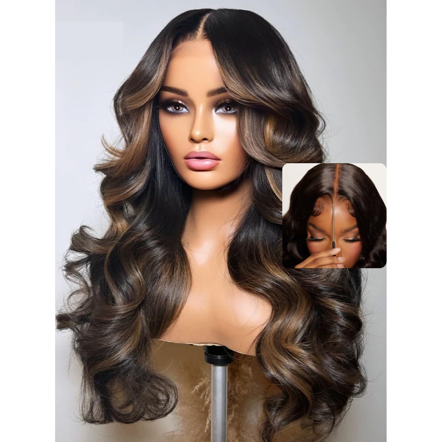 Nadula Highlight Bye Bye Knots Glueless Wig 7X5 Pre-Cut Lace Front Loose Body Wave Human Hair Wig Brown With Highlights, Pre-Plucked & Bleached, Invisible Knots 180% Density 22 Inch