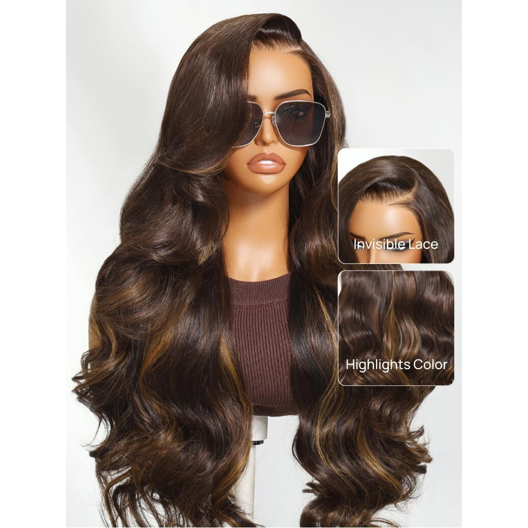 Nadula Highlight Bye Bye Knots Glueless Wig 7X5 Pre-Cut Lace Front Loose Body Wave Human Hair Wig Brown With Highlights, Pre-Plucked & Bleached, Invisible Knots 180% Density 22 Inch