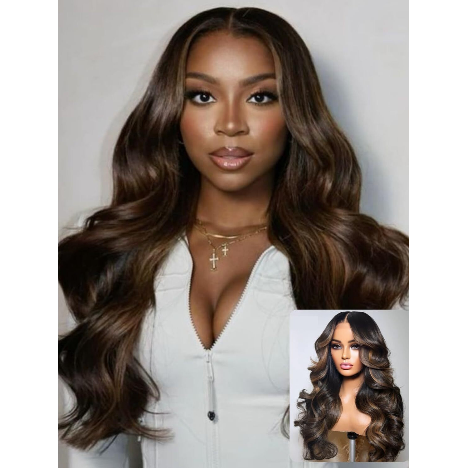 Nadula Highlight Bye Bye Knots Glueless Wig 7X5 Pre-Cut Lace Front Loose Body Wave Human Hair Wig Brown With Highlights, Pre-Plucked & Bleached, Invisible Knots 180% Density 22 Inch