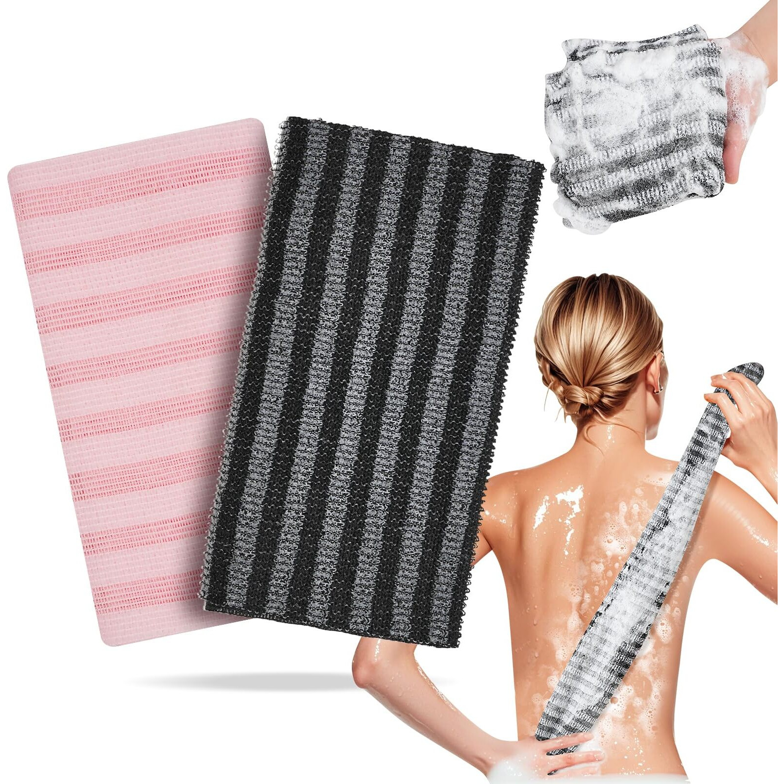 Coxotom Exfoliating Washcloth Shower Towel - 2 Pack Back And Body Scrubbers For Smooth Skin | Quick-Drying, Durable, And Gentle For Sensitive Skin (Black+Pink)