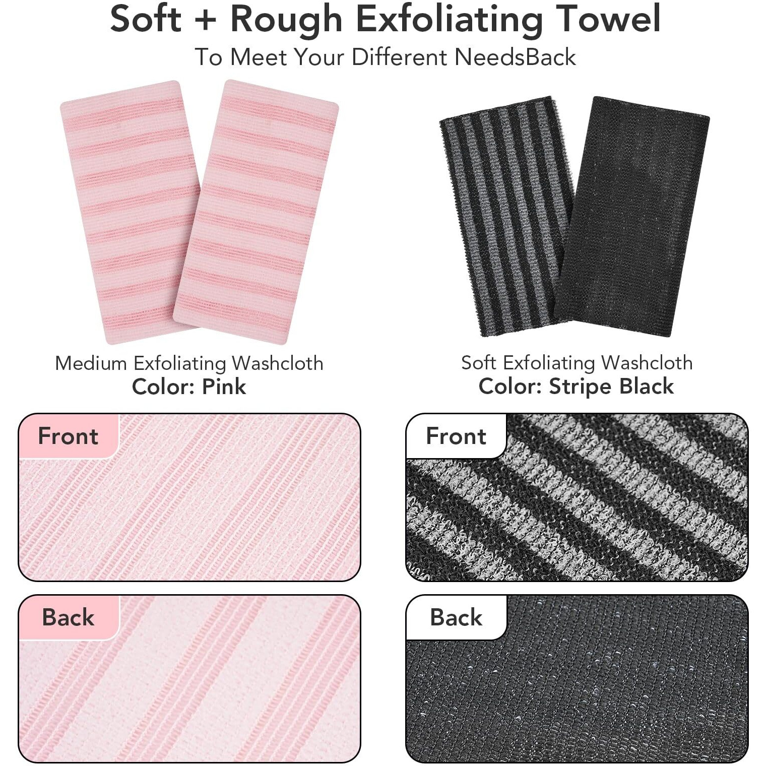 Coxotom Exfoliating Washcloth Shower Towel - 2 Pack Back And Body Scrubbers For Smooth Skin | Quick-Drying, Durable, And Gentle For Sensitive Skin (Black+Pink)