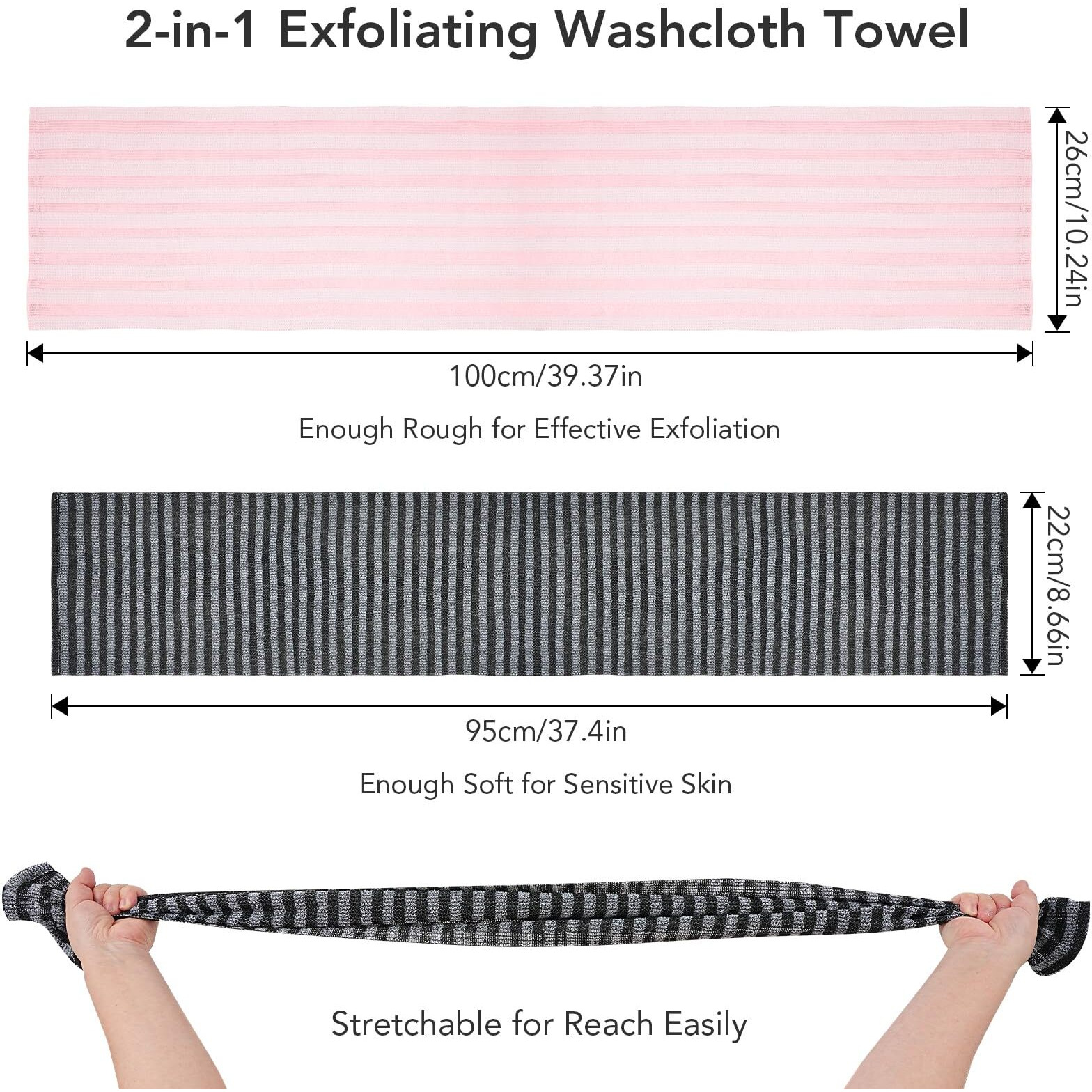 Coxotom Exfoliating Washcloth Shower Towel - 2 Pack Back And Body Scrubbers For Smooth Skin | Quick-Drying, Durable, And Gentle For Sensitive Skin (Black+Pink)