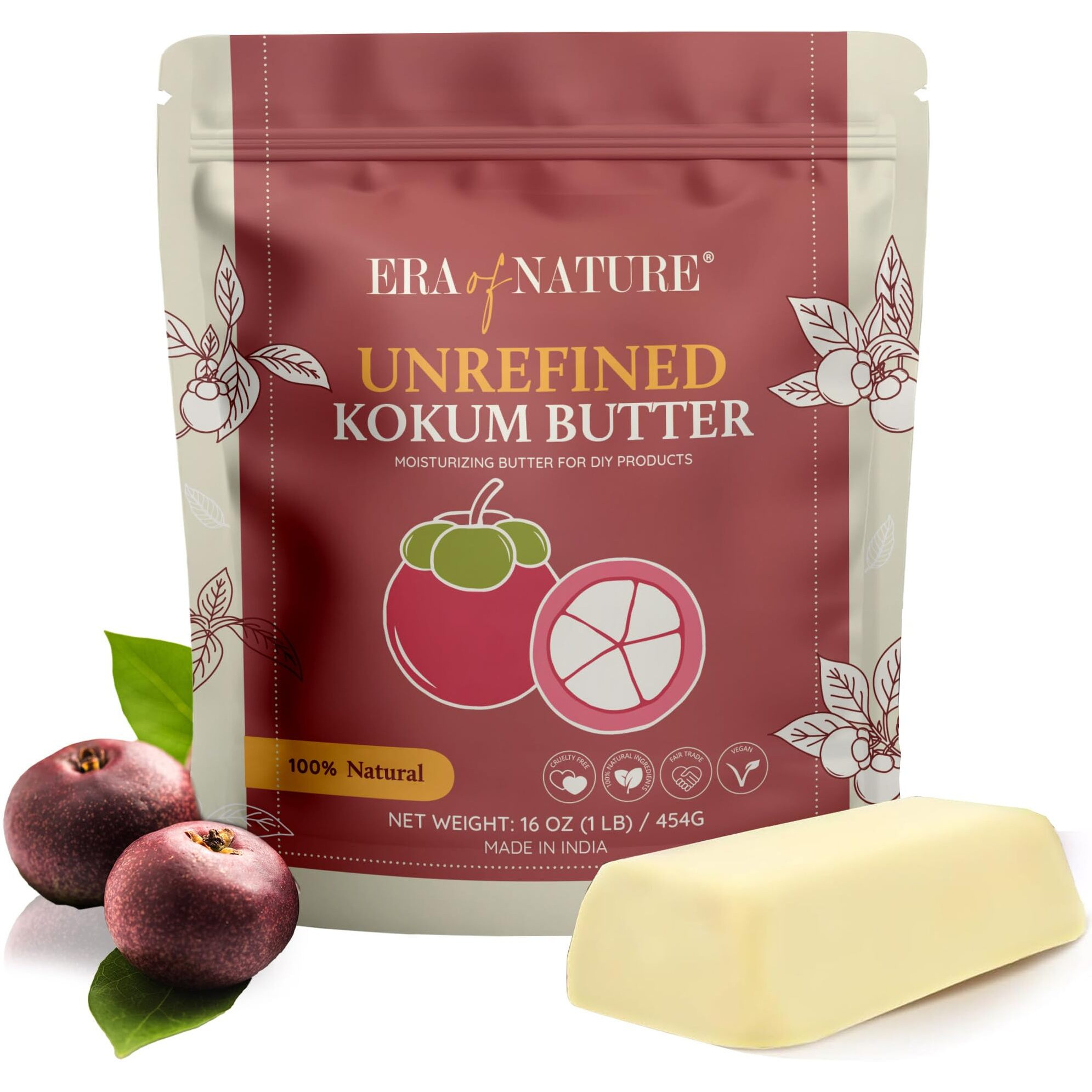 Era Of Nature Kokum Butter -Fresh, Firm Butter, Use To Make Lotion Bars, Body Butters, Lip Balm, Soap, Sunscreens - Scent-Free, 16 Oz (1Lb)