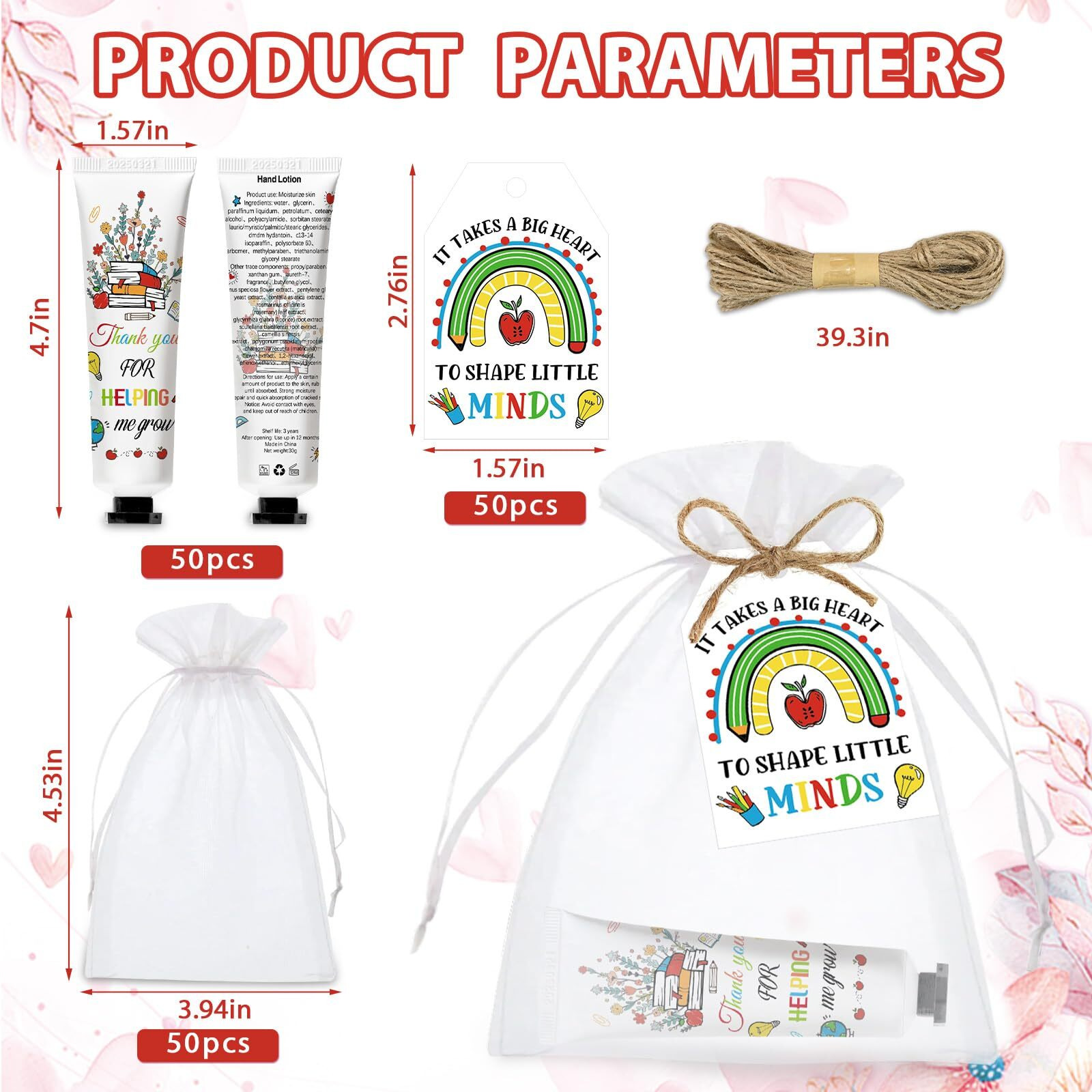 50 Pcs Teacher's Day Hand Cream Gifts Bulk Teacher Appreciation Gifts Include Organza Bags Thank You Tags Inspirational For Women Girls Travel Size Moisturizing Hand Lotion Supplies(Teacher's Day)