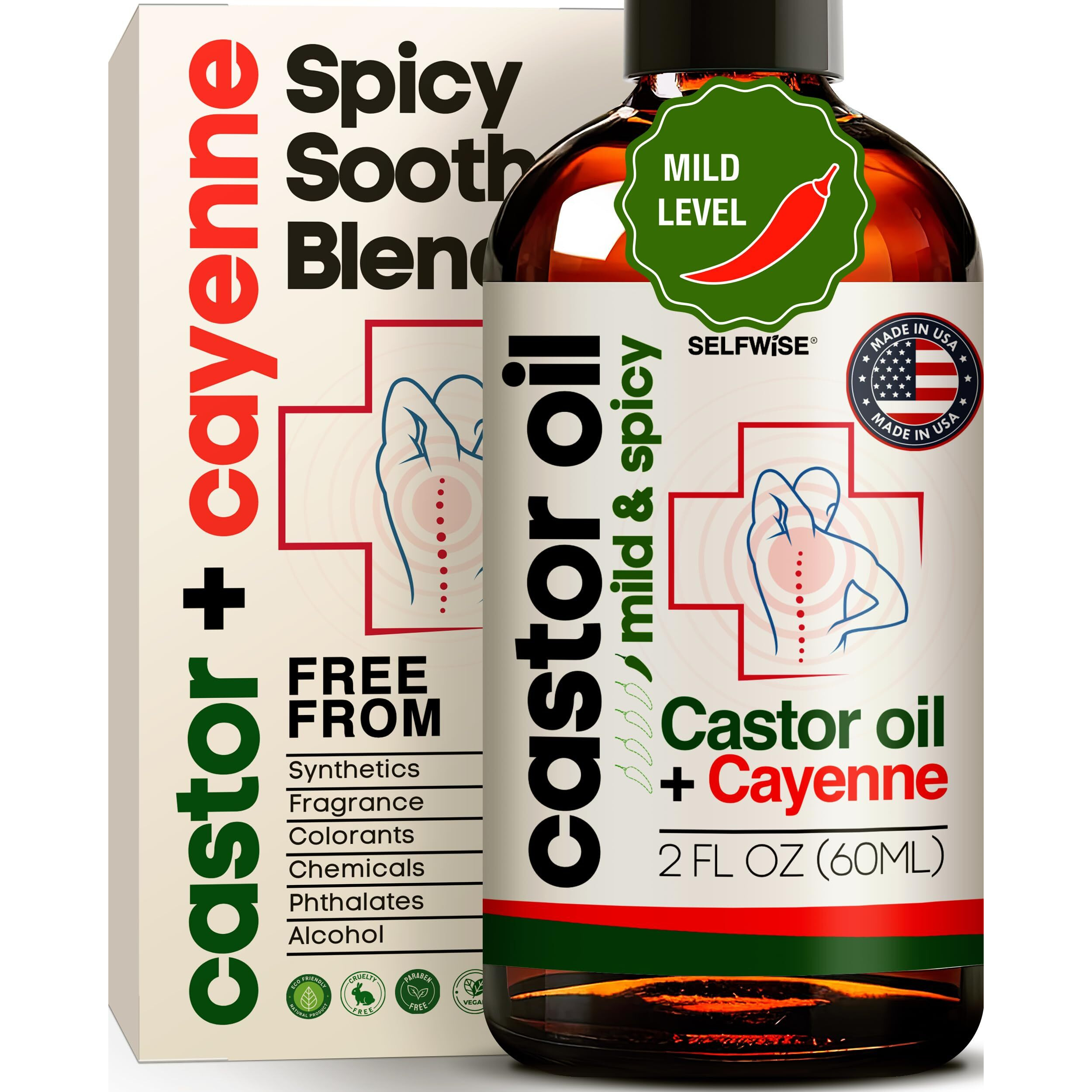 Selfwise Organic Castor Cayenne Muscle & Body Oil - Mild & Spicy - Lightweight Fast Absorbing Oil For Skin, Body, Belly, Muscles, Large Areas For Everyday Relaxation 2Oz