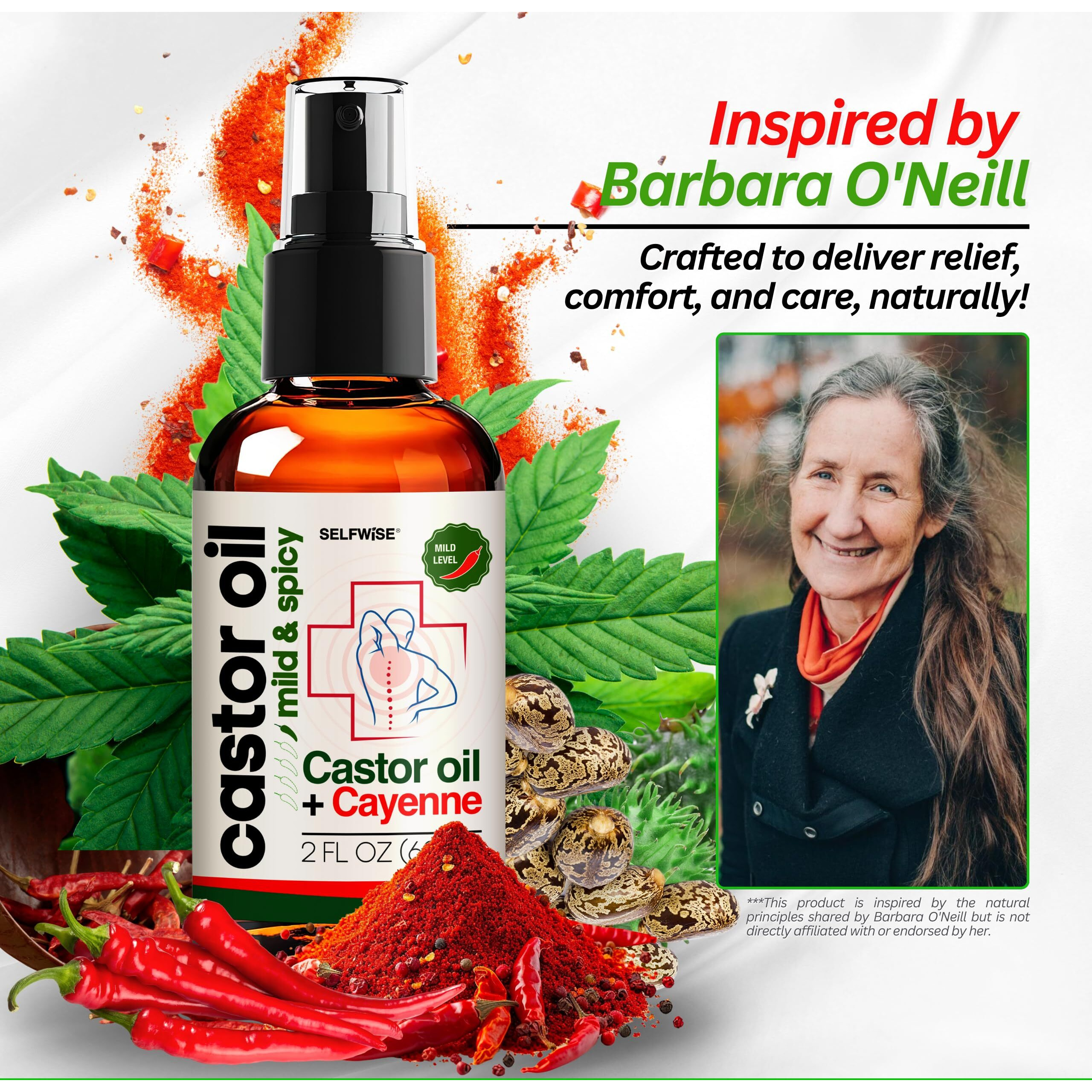 Selfwise Organic Castor Cayenne Muscle & Body Oil - Mild & Spicy - Lightweight Fast Absorbing Oil For Skin, Body, Belly, Muscles, Large Areas For Everyday Relaxation 2Oz