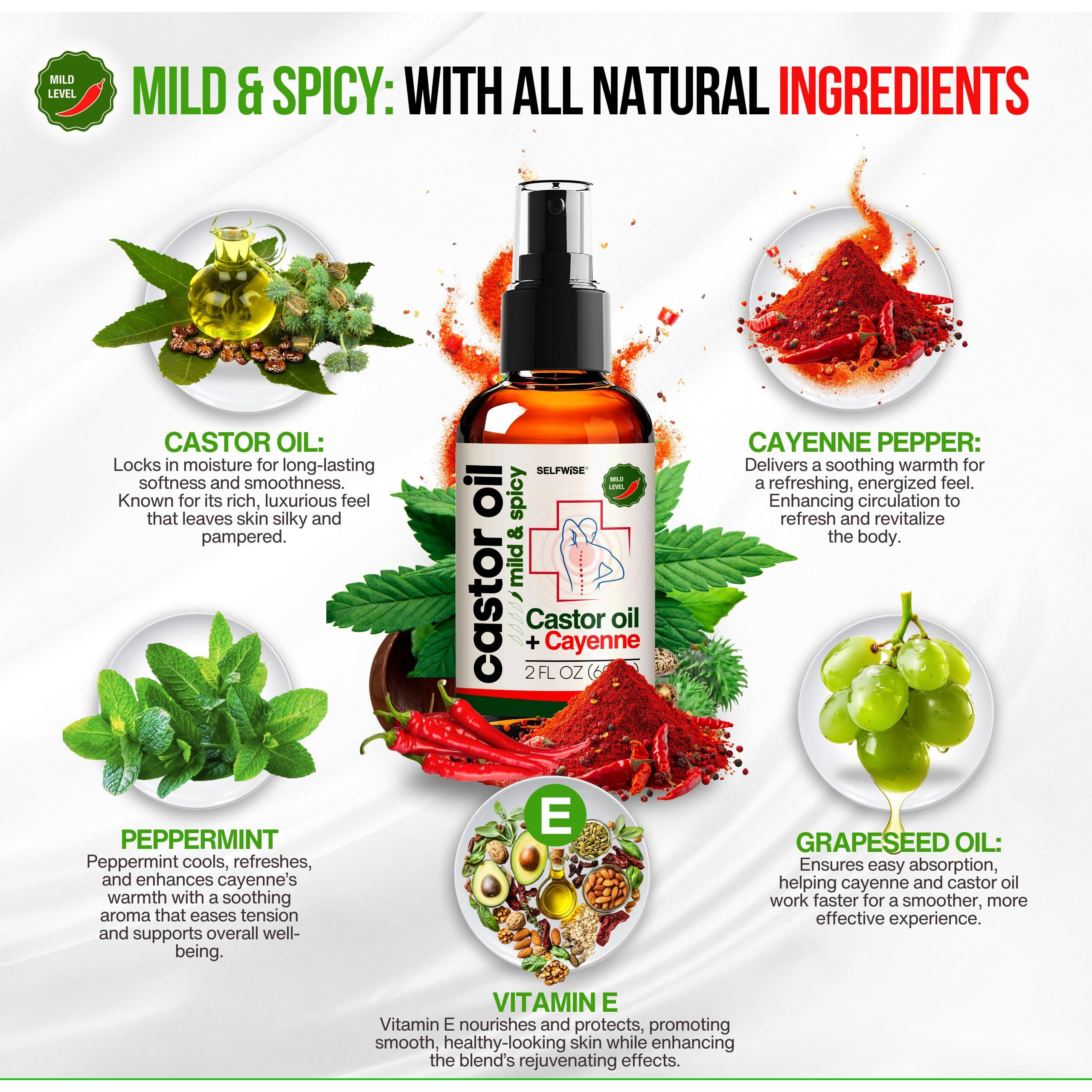 Selfwise Organic Castor Cayenne Muscle & Body Oil - Mild & Spicy - Lightweight Fast Absorbing Oil For Skin, Body, Belly, Muscles, Large Areas For Everyday Relaxation 2Oz