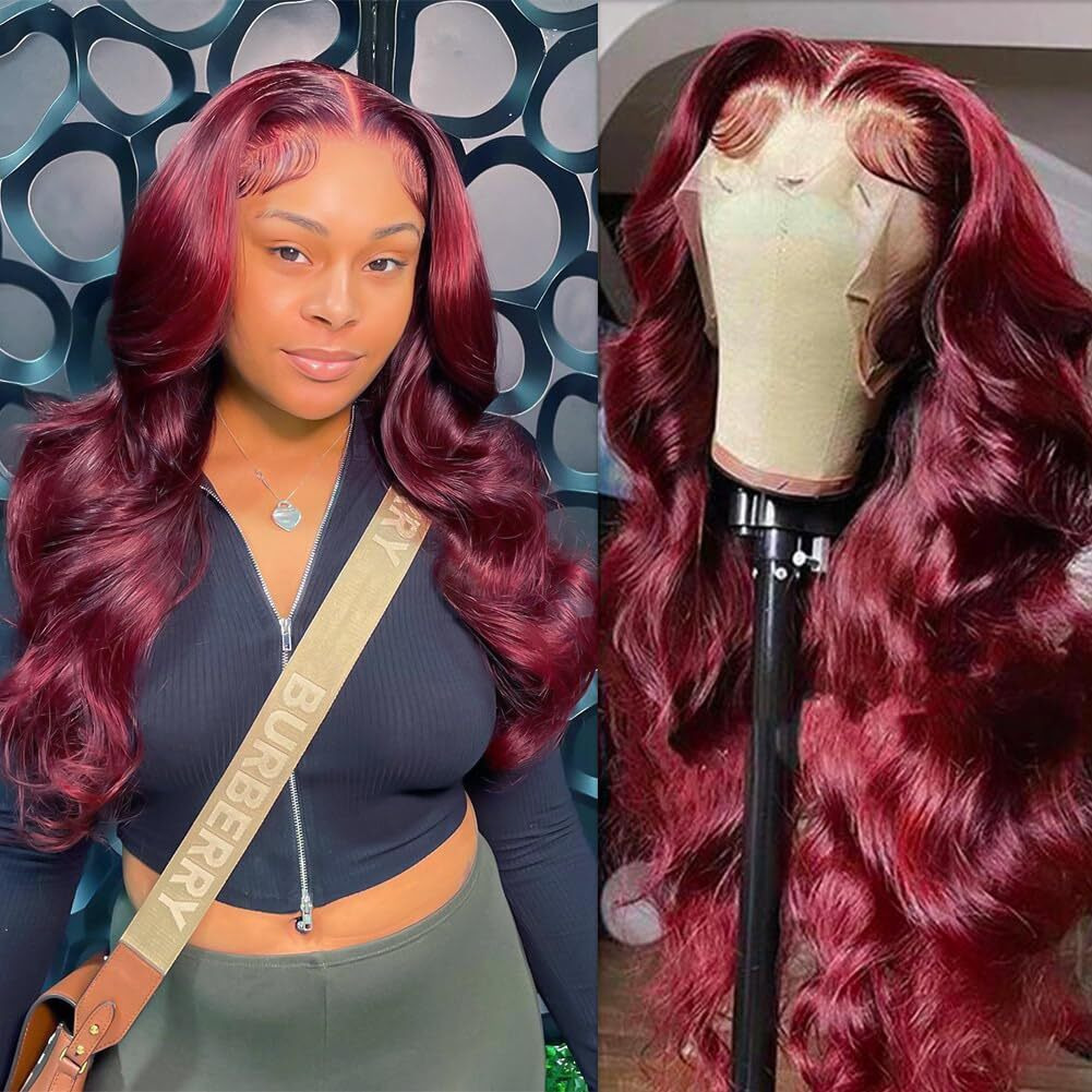 99J Burgundy Body Wave Lace Front Wigs Human Hair,13X4 Hd Transparent Lace Frontal Wig Pre Plucked With Baby Hair,Wine Red Colored Body Wave Human Hair Wigs For Women 180 Density 18 Inch